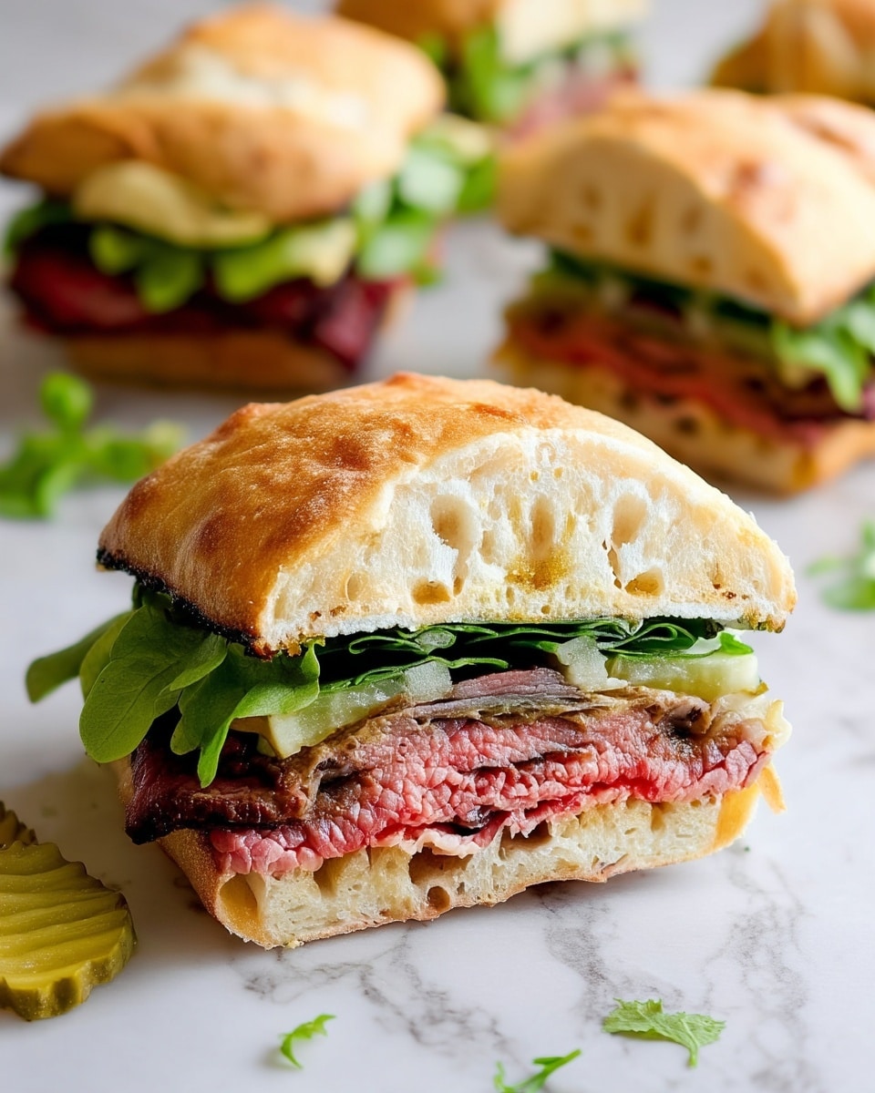 Hot Roast Beef Sandwich with Caramelized Onions, Provolone, and Arugula Recipe