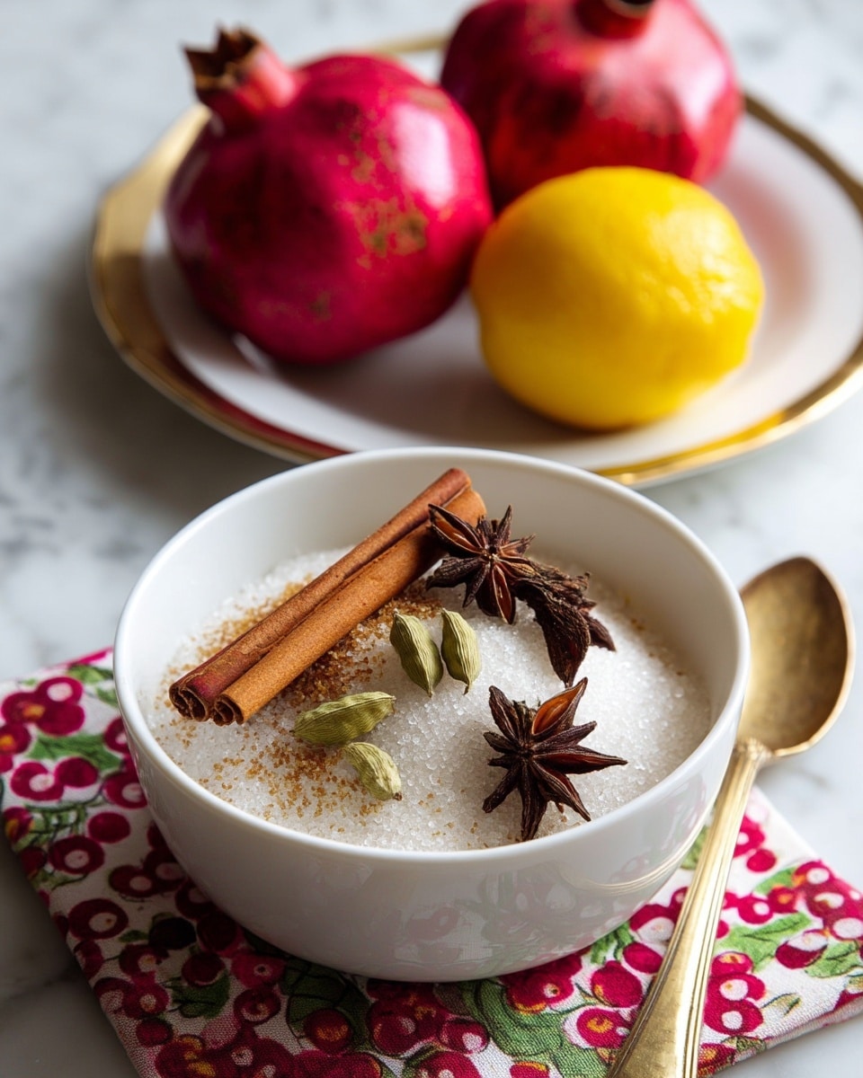 The image shows a white bowl filled with coarse white sugar, topped with two brown cinnamon sticks, two green cardamom pods, and two dark brown star anise pieces arranged neatly. Behind the bowl, there is a white plate holding two large deep red pomegranates and one bright yellow lemon. The setting has a colorful cloth with red berries and green leaves pattern beneath the white bowl and plate on a white marbled surface. A brass spoon handle is visible beside the sugar bowl photo taken with an iphone --ar 4:5 --v 7