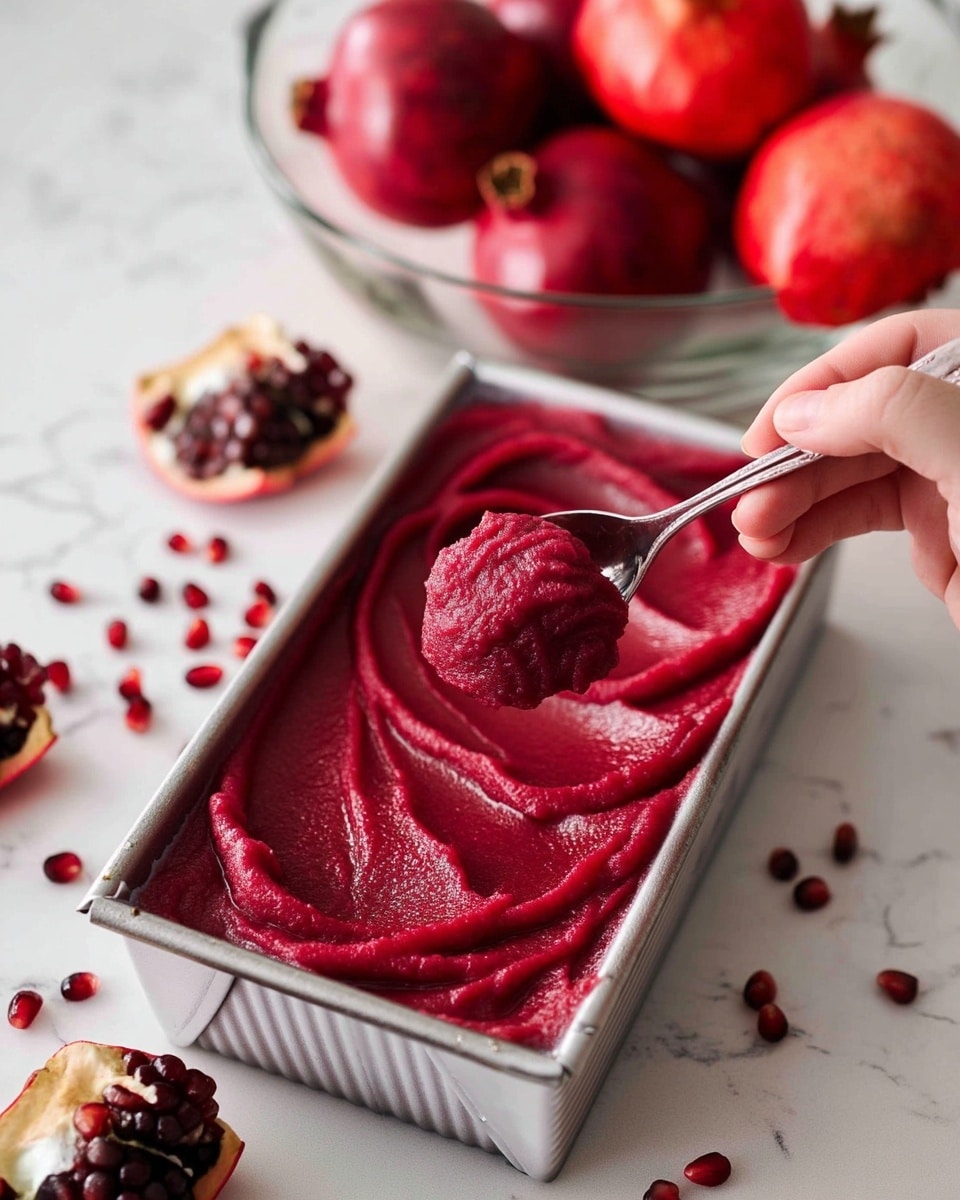 A rectangular metal container holds a smooth, rich deep red puree spread evenly with thick swirls on the surface, giving a soft wavy texture. A woman's hand holds a silver spoon which is dipped into the puree, lifting some of it. Scattered around the container and on the background are shiny, dark red pomegranate seeds with a few pieces of pomegranate rind showing the white inner layer and clustered seeds. In the back, a clear glass bowl holds several whole, shiny red pomegranates. The whole setup is on a white marbled surface. photo taken with an iphone --ar 4:5 --v 7
