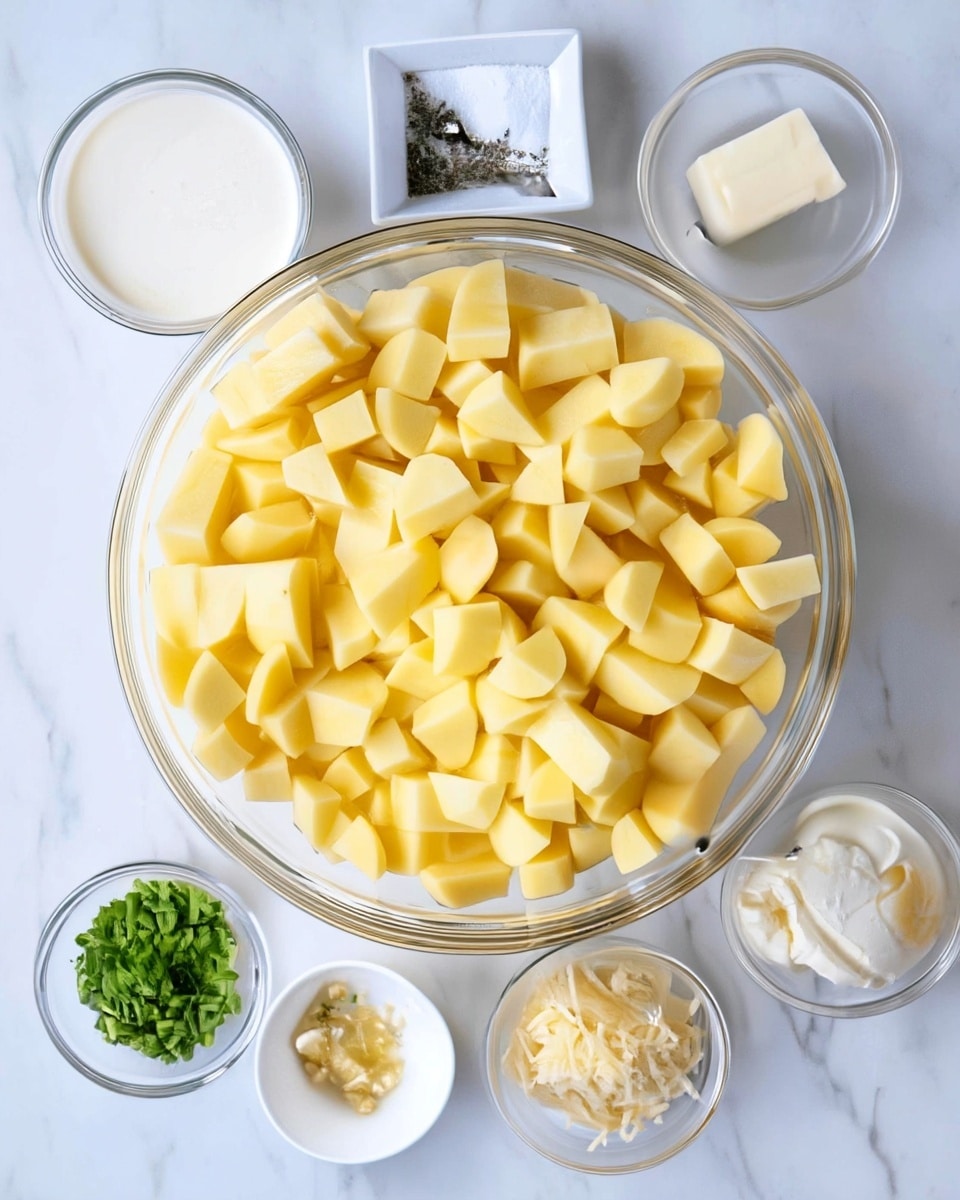 A large clear glass bowl in the center holds many peeled potato chunks that are pale yellow and smooth textured. Around this bowl, there are several small clear glass bowls and white dishes placed on a white marbled surface. Starting from the top left, a clear bowl filled with white liquid, a white square dish with ground black pepper, a clear bowl with a small piece of pale yellow butter, another white bowl with a white creamy substance, a small clear bowl with pale yellow shredded cheese, a white dish with minced garlic, and a small clear bowl filled with chopped green herbs. The image is bright and neatly arranged. photo taken with an iphone --ar 4:5 --v 7