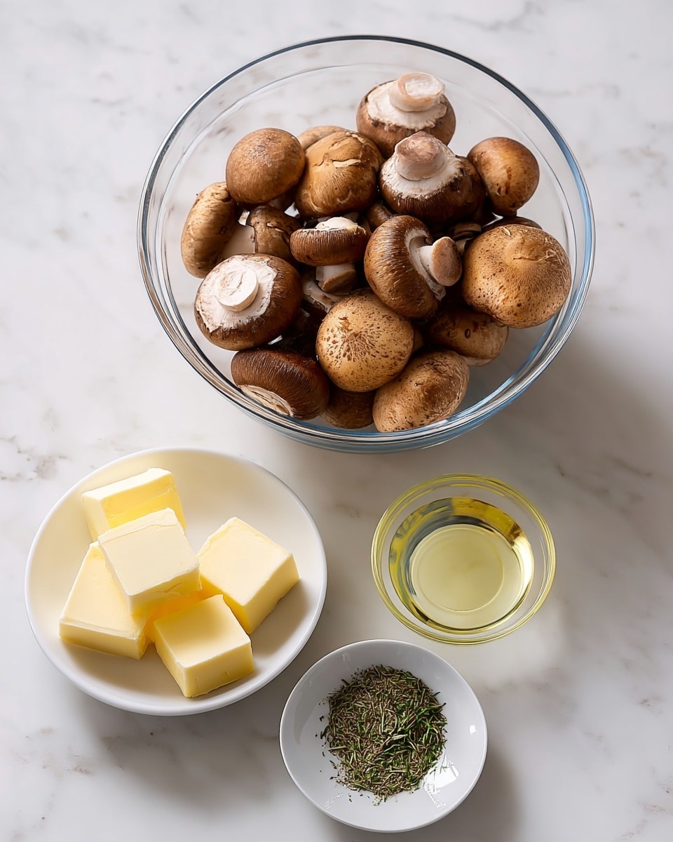 A clear glass bowl filled with whole brown mushrooms sits on a white marbled surface. Below the bowl, there are four small white dishes arranged neatly: one holds four square pieces of pale yellow butter, another contains finely chopped light yellow garlic, the third has a light yellow clear liquid, and the fourth holds dried green herbs. The setup looks clean and organized, ready for cooking photo taken with an iphone --ar 4:5 --v 7