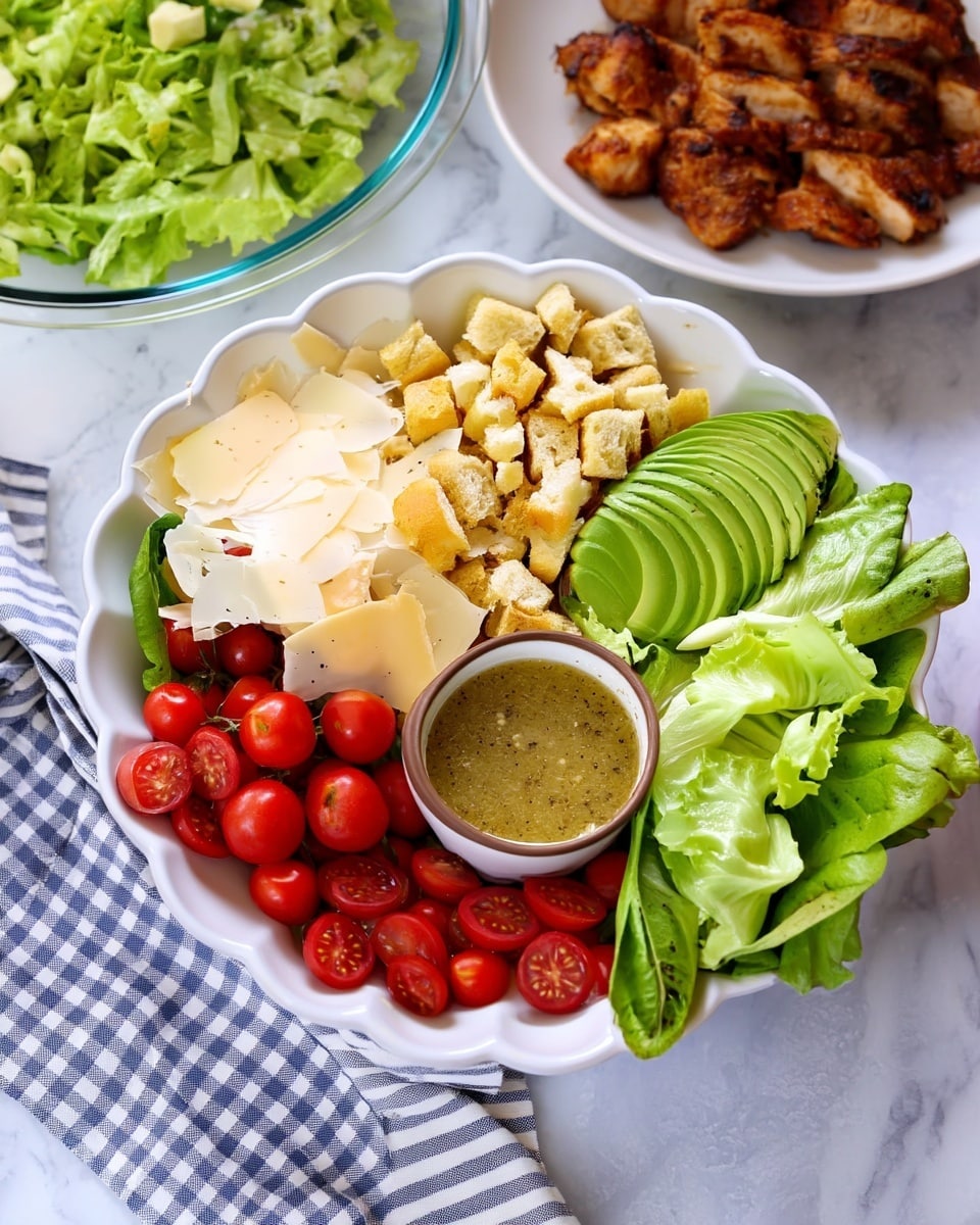 A white scalloped bowl holds a colorful salad arranged in separate sections on a white marbled surface; one section has bright red cherry tomatoes, some whole on the vine and some sliced in half, next to a pile of thin pale yellow cheese shavings; beside the cheese is a heap of golden brown bread cubes with a crispy texture, then a fan of smooth sliced avocado with light green flesh, and beside that fresh green leafy lettuce. In the center of the bowl is a small white cup filled with greenish-brown salad dressing. In the background on the white marbled surface, a white plate with a grilled piece of chicken and a clear bowl with chopped chicken pieces atop green lettuce are visible, along with a blue and white checkered cloth near the bowl. Photo taken with an iphone --ar 4:5 --v 7