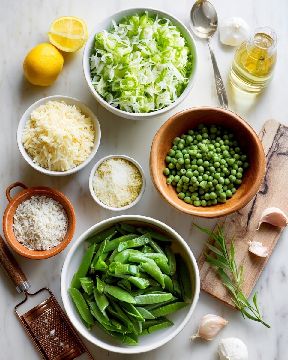 The image shows several white bowls with fresh ingredients on a white marbled surface. The largest bowl in the middle bottom has bright green sugar snap peas, and to the right, on a wooden board, is another bowl full of green peas. Above these is a bowl filled with finely chopped green and white leeks. There is a small bowl with light yellow grated cheese below the leeks, next to a copper grater. On the left side, there is a small bowl with white rice grains, two lemon wedges, and a spoon holding a white creamy ingredient. Also, there is a clear bottle with light yellow oil, some garlic cloves, and a few loose peas scattered on the surface. Photo taken with an iphone --ar 4:5 --v 7