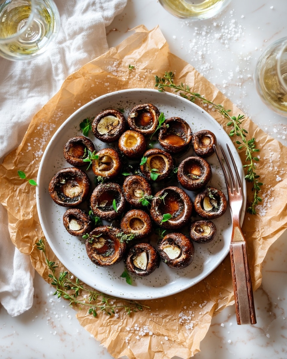 A white rectangular baking dish filled with 18 whole brown mushrooms arranged in close rows, all with their caps open upward. Inside the hollow centers of each mushroom cap is a mix of small chopped garlic, herbs like green rosemary and thyme, and oil that gives a shiny texture. The mushrooms have a matte brown outer surface and darker brown gills inside, with an even sprinkle of herbs on top. The dish sits on a white marbled surface with soft natural light falling from the top left corner, highlighting the texture and fresh look of the mushrooms. Photo taken with an iphone --ar 4:5 --v 7