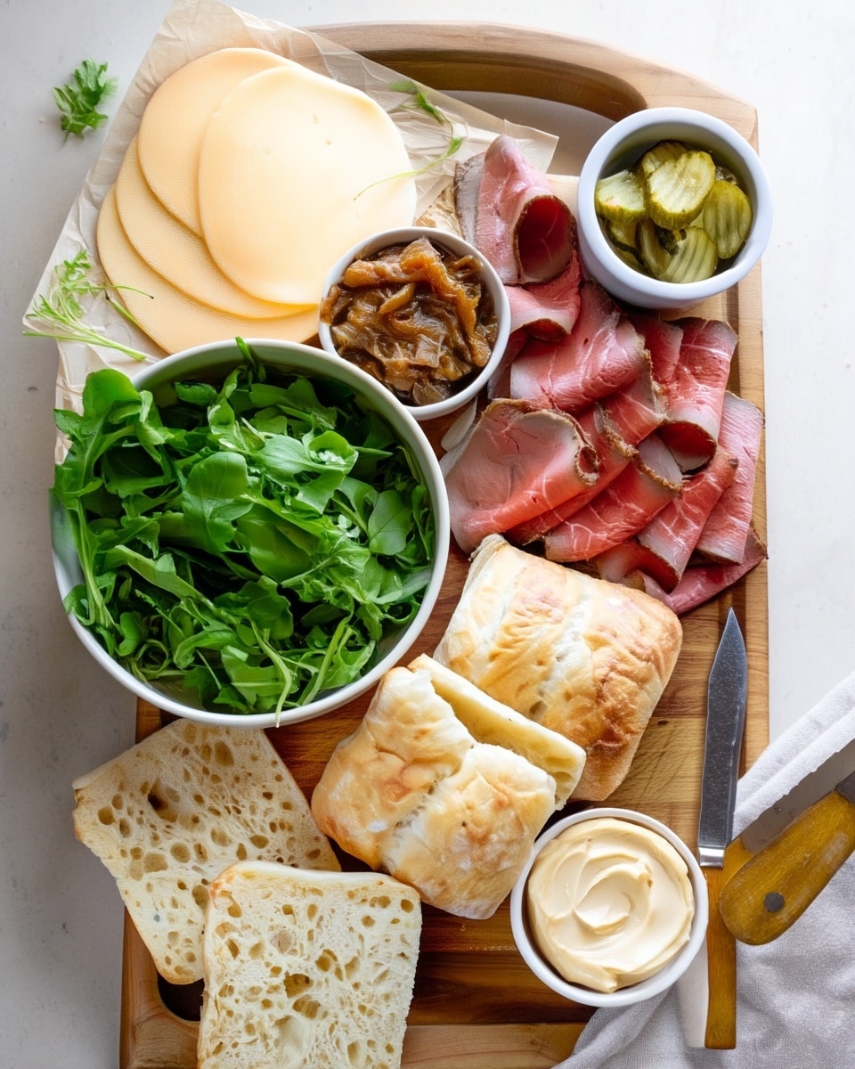 The image shows a wooden board holding sandwich ingredients arranged neatly. At the top left, there are four round slices of white cheese, slightly overlapping. Below the cheese, a white bowl filled with fresh, green leafy arugula is placed. To the right of the bowl, there are two small white bowls, one containing caramelized onions and the other with green pickles with ridged edges. Below the pickles, thin slices of pink roast beef with slightly darker edges are arranged in a curled, layered manner. On the bottom left, there are two open halves of ciabatta bread with a light golden crust and soft, airy texture inside. Above the bread, two whole ciabatta rolls are placed side by side. At the bottom right, a small white bowl contains a smooth, light brown spread. A knife with a wooden handle is placed vertically next to the spread bowl on a white marbled textured surface with a light grey cloth nearby. photo taken with an iphone --ar 4:5 --v 7