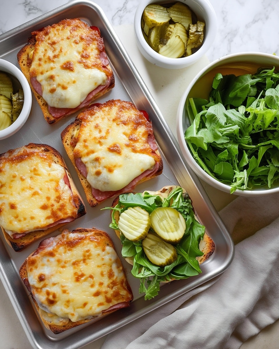 There are five toasted bread slices on a metal tray, with four of them topped with melted, browned white cheese over a layer of thinly sliced ham or meat. The fifth slice is open-faced, layered with green leafy arugula and three slices of green pickles. To the right of the tray, there is a small white bowl filled with more green pickle slices and a larger white bowl filled with fresh, leafy arugula. The background surface is a white marbled texture with a beige cloth partially visible at the bottom right corner. Photo taken with an iphone --ar 4:5 --v 7