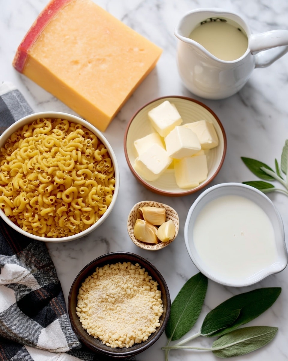 The image shows ingredients for a dish arranged on a white marbled surface. At the bottom left, there is a white bowl filled with uncooked small elbow macaroni pasta. Above it to the right, there is a small white bowl holding four peeled garlic cloves. To the right of that, a white liquid is in a white pitcher with a spout. In the center is a small brown bowl filled with light yellow dry breadcrumbs or grated cheese. Towards the top center, another small brown bowl contains butter cut into cubes. To the top right, a metal measuring cup is filled with a creamy white liquid. Next to it is a wedge of cheese with a red rind. Toward the top left, three slices of pale yellow cheese are stacked. Two fresh sage leaves lay flat on the right side of the scene. A black and white checkered cloth peeks in from the bottom left corner. Photo taken with an iphone --ar 4:5 --v 7