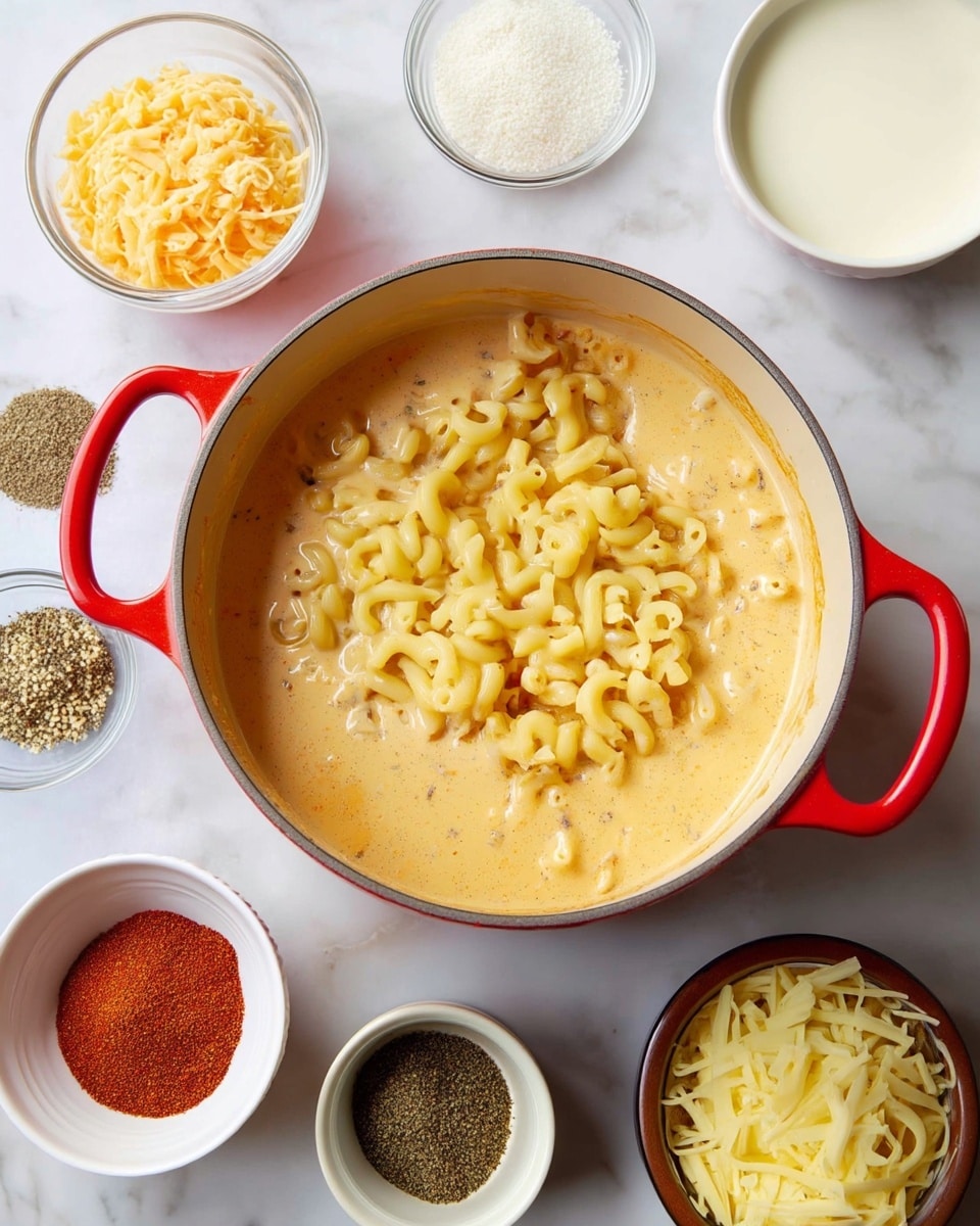 A red pot filled with a thick, creamy light orange sauce covering the bottom layer and light yellow cooked elbow macaroni piled on top in the center; around the pot are small white bowls and clear glass bowls on a white marbled surface, holding various ingredients including white panko breadcrumbs, black pepper mixed with salt, whole milk, dried herbs, chili powder, shredded yellow cheese, grated white cheese, a small amount of butter, and uncooked elbow macaroni. photo taken with an iphone --ar 4:5 --v 7