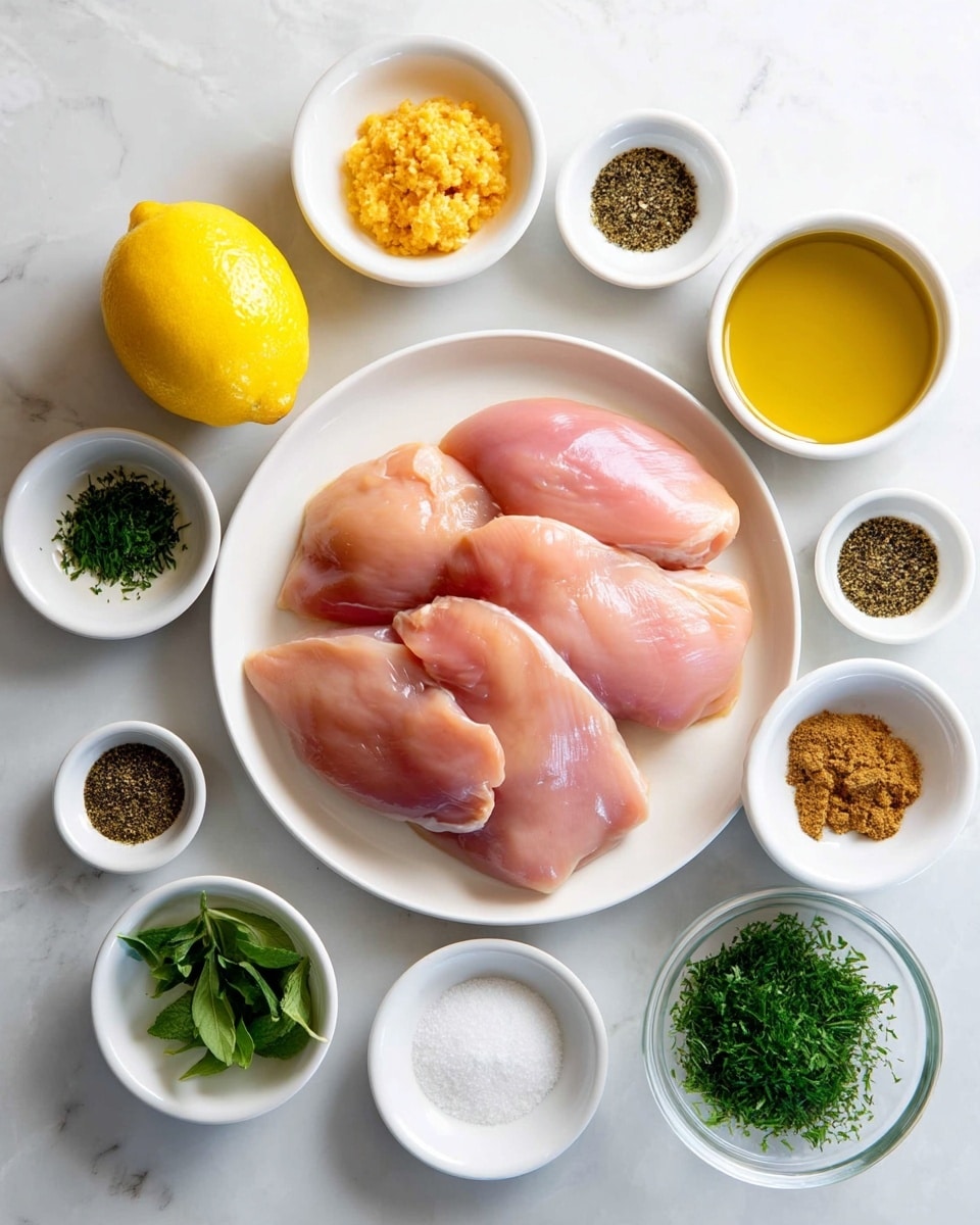 The image shows a white round plate in the center with three raw chicken pieces that are pink and smooth. Around the plate are eight small white bowls, each with different ingredients: a bright yellow half lemon at the top left, light green herb leaves in a bowl to the left of the lemon, yellow minced garlic in a bowl below it, white salt below the garlic, black pepper near the bottom center, white creamy sauce in a clear bowl to the right of the pepper, golden oil in a bowl above the sauce, light brown spice powder in a bowl to the top right, and green chopped herbs in a bowl next to the powder. The items are placed on a white marbled surface. photo taken with an iphone --ar 4:5 --v 7