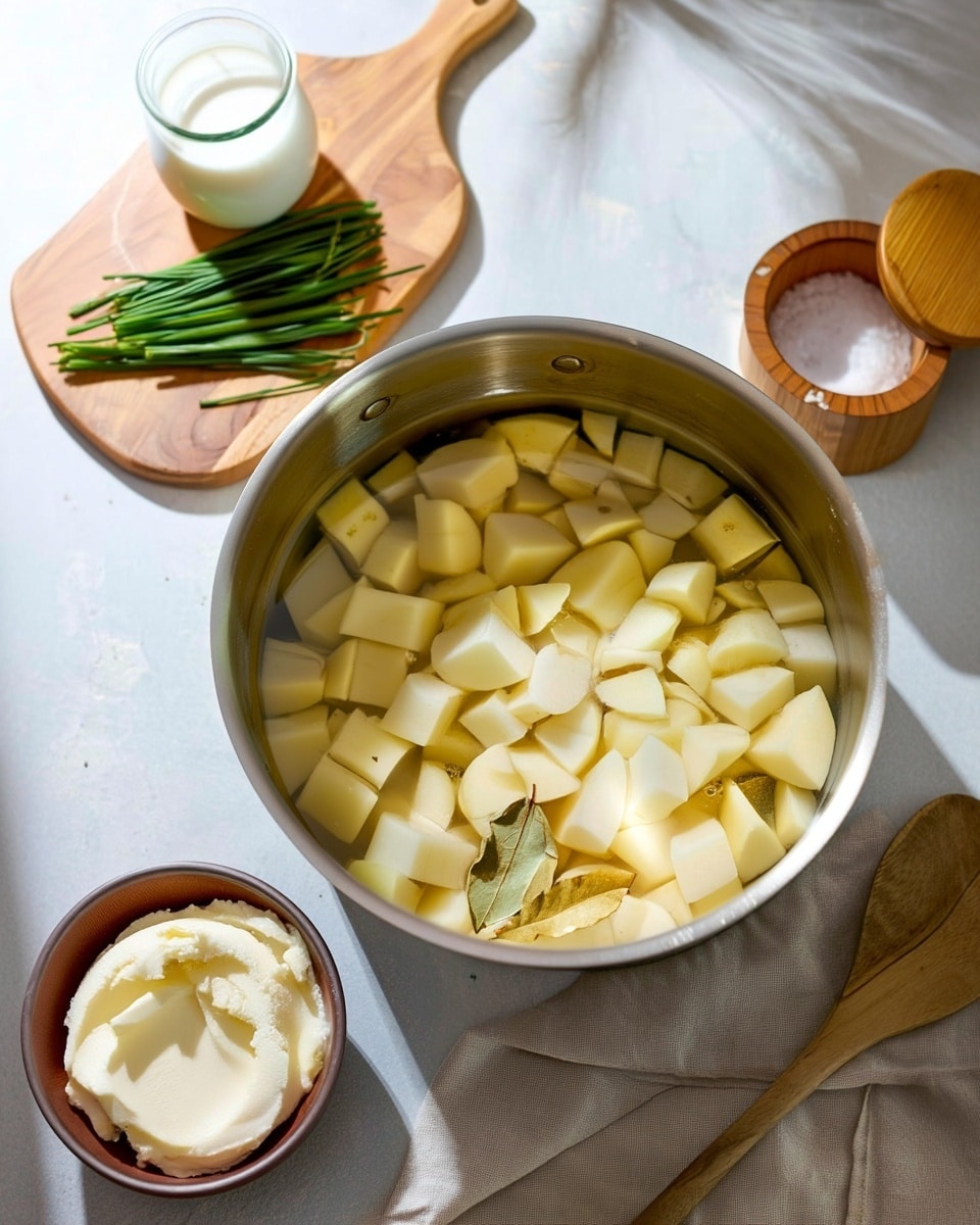 A large silver pot filled with cubed pale potatoes submerged in water with two bay leaves floating on top, placed on a white marbled surface. Around the pot, there is a small brown bowl filled with smooth, creamy white butter at the bottom left, a wooden cutting board holding a glass jar of milk and fresh green chives at the top left, and a round wooden container of salt with its lid beside it at the top right. A light beige cloth and a wooden spoon lie near the pot’s bottom right edge. Soft natural light creates gentle shadows in the scene photo taken with an iphone --ar 4:5 --v 7