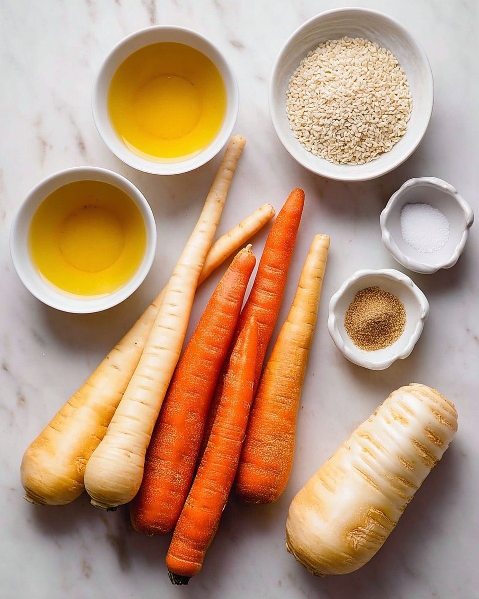 The image shows a white marbled surface with a close group of fresh orange carrots and creamy white parsnips arranged loosely in the center. Around them, there are five small white bowls containing different ingredients: one with a golden yellow liquid, another with a slightly paler yellow liquid, a bowl filled with white sesame seeds, a small bowl holding granulated salt, and another small bowl with a light brown powder. The textures of the carrots and parsnips show a natural, slightly rough skin with tiny root hairs. photo taken with an iphone --ar 4:5 --v 7