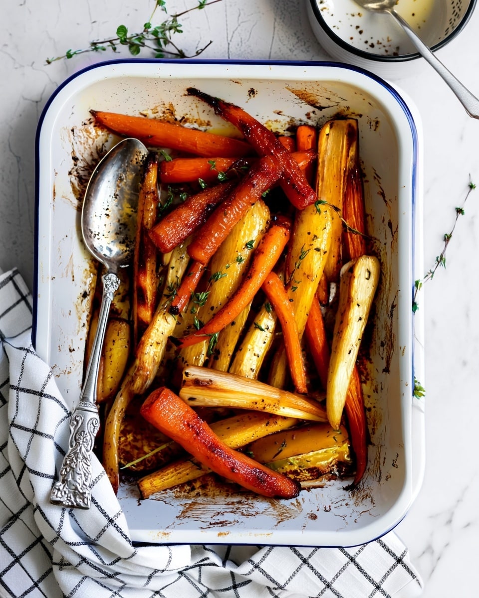 A white baking dish with a blue rim holds one layer of roasted root vegetables, mostly carrots and parsnips, in various shades of orange, yellow, and light brown, some with a charred edge and a slightly shiny, cooked texture. Small green thyme sprigs are scattered on top of and around the vegetables, adding freshness. A silver serving spoon with a detailed handle rests on the left side inside the dish, which sits on a white marbled surface with a black and white checkered cloth draped partially underneath. A white bowl with dark rim and a spoon inside is located in the upper right corner with some seasoning residue inside. The setting feels natural and rustic. photo taken with an iphone --ar 4:5 --v 7