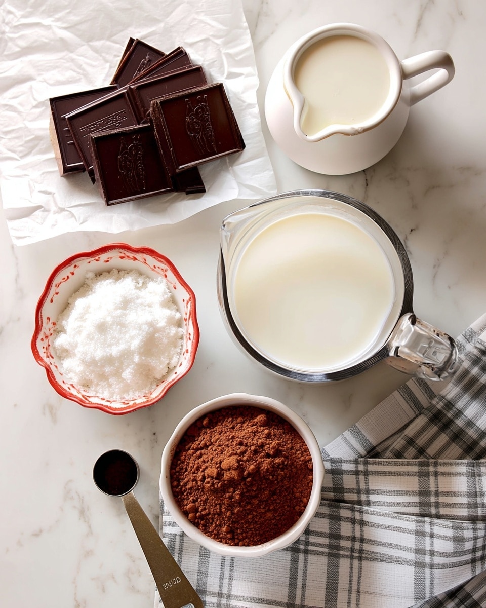 The image shows several ingredients arranged neatly on a white marbled surface. There are pieces of dark chocolate stacked on a crumpled white paper in the top left. Next to it, a small white jug filled with cream sits near a scalloped white bowl with a red rim, full of white powder. Below these, a silver measuring cup holds white granulated sugar. To the right, a glass pitcher is filled with milk resting on a gray and white checkered cloth. At the bottom, a small white bowl contains a rich brown cocoa powder, and beside it lies a silver measuring spoon with a dark liquid. Photo taken with an iphone --ar 4:5 --v 7