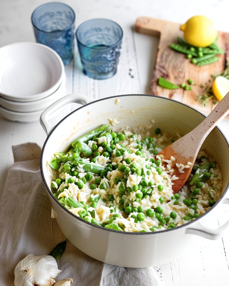 A white pot filled with creamy rice mixed with bright green peas and snap peas, creating a fresh and colorful texture. The rice looks soft and slightly shiny, with the peas scattered evenly throughout, adding a pop of color. A wooden spoon is placed inside the pot, partially stirring the contents. The pot sits on a beige cloth on a white marbled surface, with a whole bulb of garlic nearby. In the background, two clear blue glasses with water, some stacked white bowls, and a wooden cutting board with a lemon half, loose peas, and herbs add detail to the scene. Photo taken with an iphone --ar 4:5 --v 7