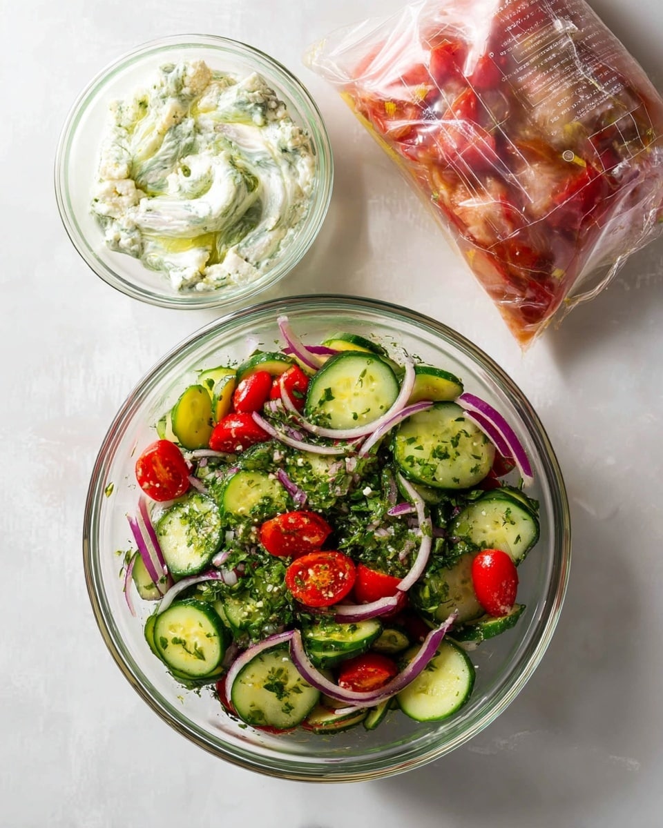 The image shows a clear glass bowl filled with a fresh salad made of sliced green cucumbers, halved red cherry tomatoes, and thin slices of purple onion mixed with green herbs. To the left of the salad bowl, there are two small clear glass bowls; the one at the top contains crumbled white cheese, and the one below it has a creamy white sauce with green herbs mixed in. To the right of the salad, there is a clear plastic bag with marinade and chicken inside. All items are placed on a white marbled surface. Photo taken with an iphone --ar 4:5 --v 7