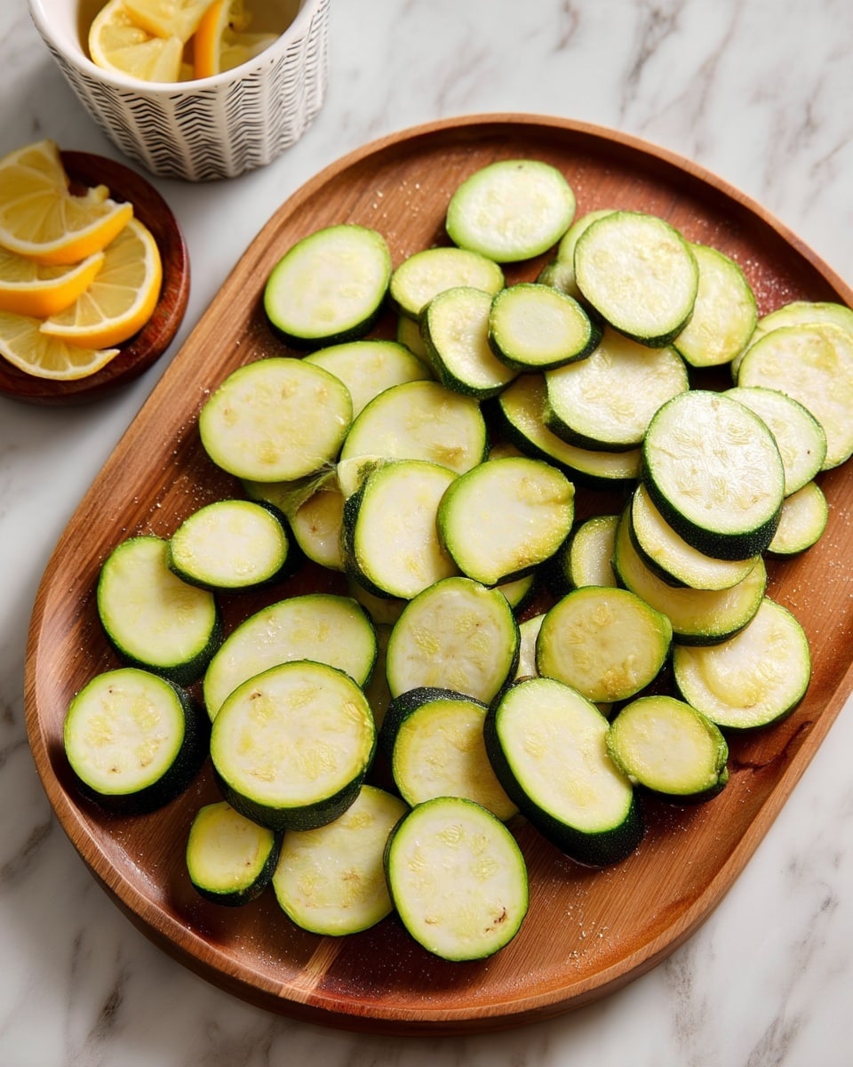 A wooden board is placed on a white marbled surface, covered with many slices of zucchini. The slices are oval and round shaped, with green skin edges and light yellowish-green insides. The slices are spread out closely but not stacked, showing a mix of larger and smaller pieces filling the entire board. In the upper corner, there is a small round white bowl with lemon wedges and part of a patterned white cup. Photo taken with an iphone --ar 4:5 --v 7