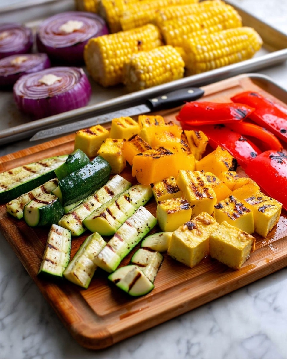 The image shows a wooden cutting board with grilled vegetables being chopped. The first layer consists of green zucchini pieces with dark grill marks, cut in thick slices. Next to the zucchini are thick pieces of yellow squash with similar grill marks. To the right are chunks of bright red grilled bell pepper with visible charred spots. In the background, on a baking tray, there are three ears of yellow grilled corn and more grilled zucchini and red onion slices with a purple outer layer. A woman’s hand holds a knife cutting the grilled zucchini, and the surface under the board is a white marbled texture. photo taken with an iphone --ar 4:5 --v 7