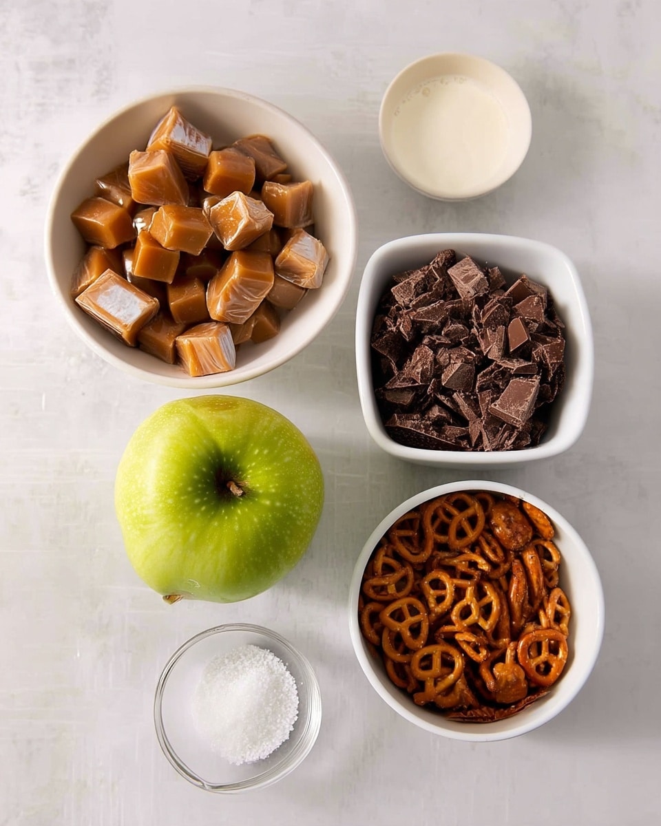 The image shows five white bowls and one bright green apple arranged on a white marbled surface. The top left bowl is filled with wrapped caramel cubes that are shiny and light brown. To the right, a small white bowl contains creamy white liquid. Below the caramel cubes, a white bowl holds dark brown chocolate chunks with rough edges. To the right of this, another white bowl contains dark chocolate chips that are smooth and rounded. The bottom right white bowl is full of small, shiny pretzels in a golden brown color. Near the bottom center, a small clear bowl has white salt crystals sprinkled inside. The green apple is placed on the left side, showing a smooth and glossy texture. Photo taken with an iphone --ar 4:5 --v 7