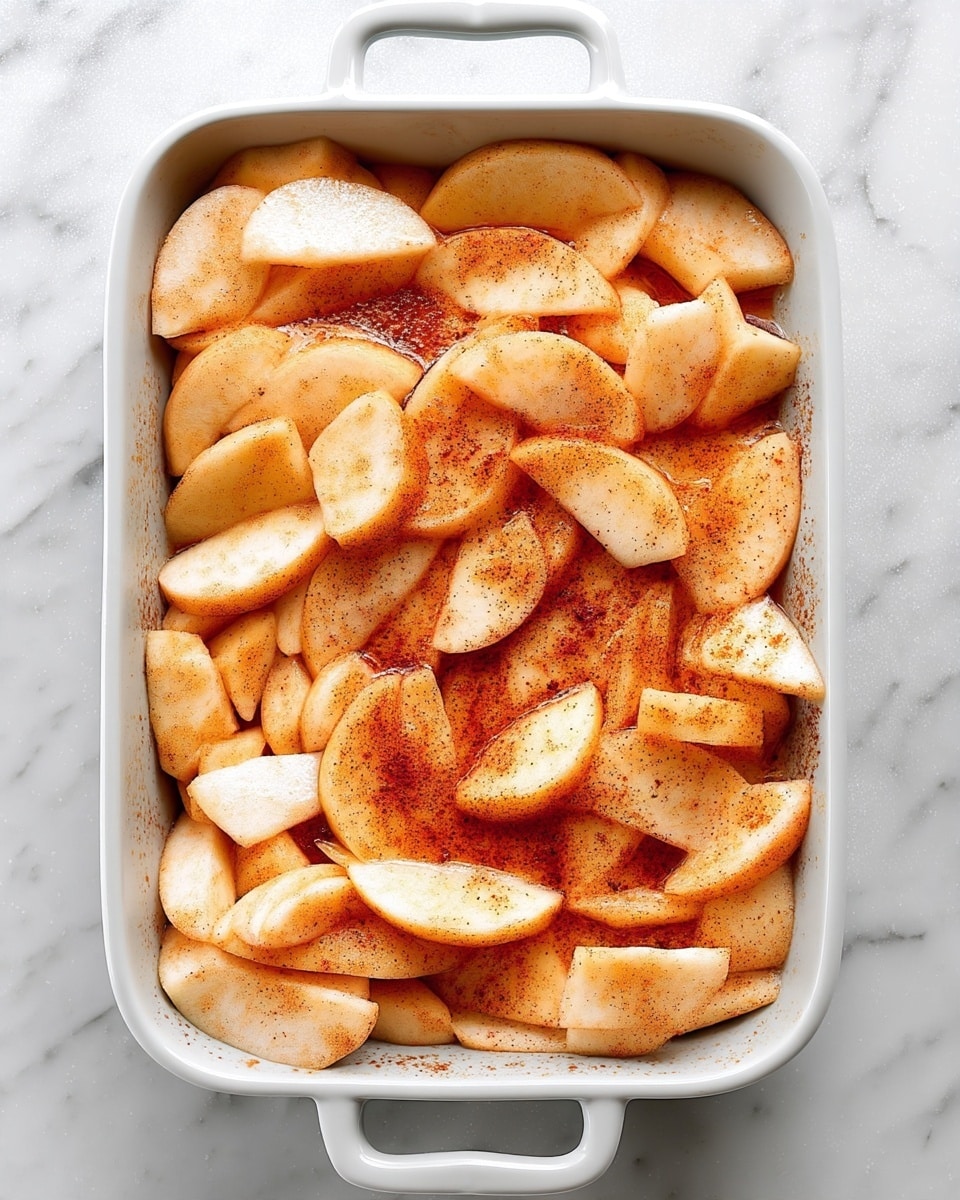A white rectangular baking dish filled with several layers of peeled apple slices evenly spread out, each slice coated with a cinnamon spice blend giving a soft orange and light brown color mix, the slices are thin and slightly translucent with some areas showing a powdery texture from the cinnamon, set on a white marbled surface. photo taken with an iphone --ar 4:5 --v 7