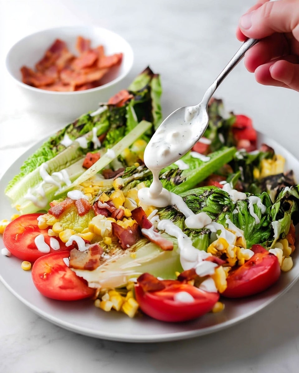 The image shows a white plate with a salad made of several layers: the base layer consists of large green romaine lettuce leaves with some grill marks, topped with bright yellow corn kernels scattered across the plate. On top of the corn and lettuce, there are small pieces of reddish-brown bacon. Around the edges of the plate, there are several slices of fresh red tomato. A woman’s hand is holding a silver spoon above the salad, drizzling thick white ranch dressing over the lettuce. The scene is set on a white marbled surface, and in the background, a white bowl with more bacon pieces is slightly out of focus. Photo taken with an iphone --ar 4:5 --v 7