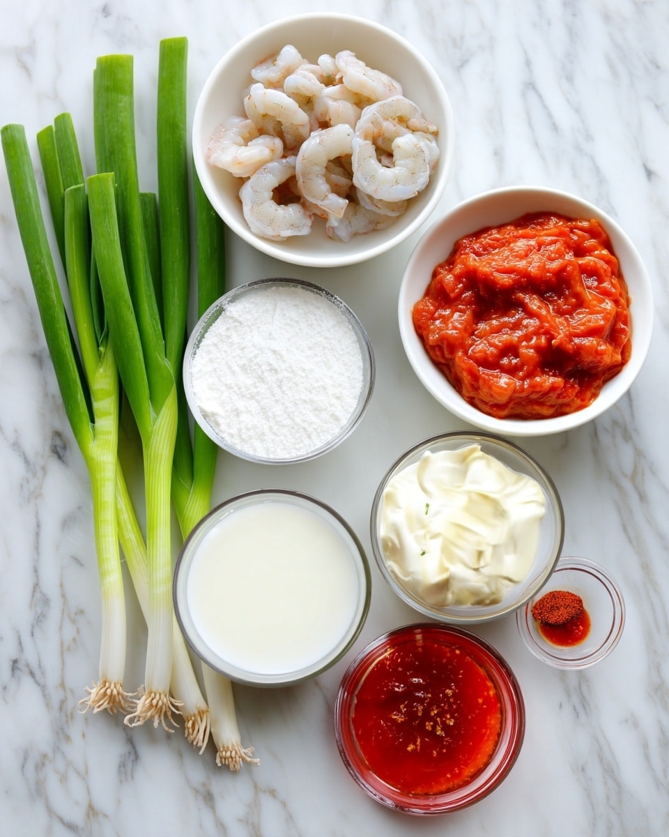 The image shows seven different ingredients neatly arranged on a white marbled surface. Starting from the top left, there are three green onions with bright green stalks and white bulbs placed side by side. To the right, a clear bowl filled with light golden yellow oil sits above a smaller bowl of pale raw shrimp with slight pink hues. Below the oil, a white bowl holds a fine white powder, next to it on the right is a white bowl with thick white creamy mayonnaise-like sauce. Below these, another white bowl contains white milk. In the front at the bottom right, a clear bowl contains bright red chili sauce with visible chili flakes, and beside it, a small clear bowl holds bright red chili powder. All the bowls are round and white or clear, and the items are carefully spaced apart. photo taken with an iphone --ar 4:5 --v 7