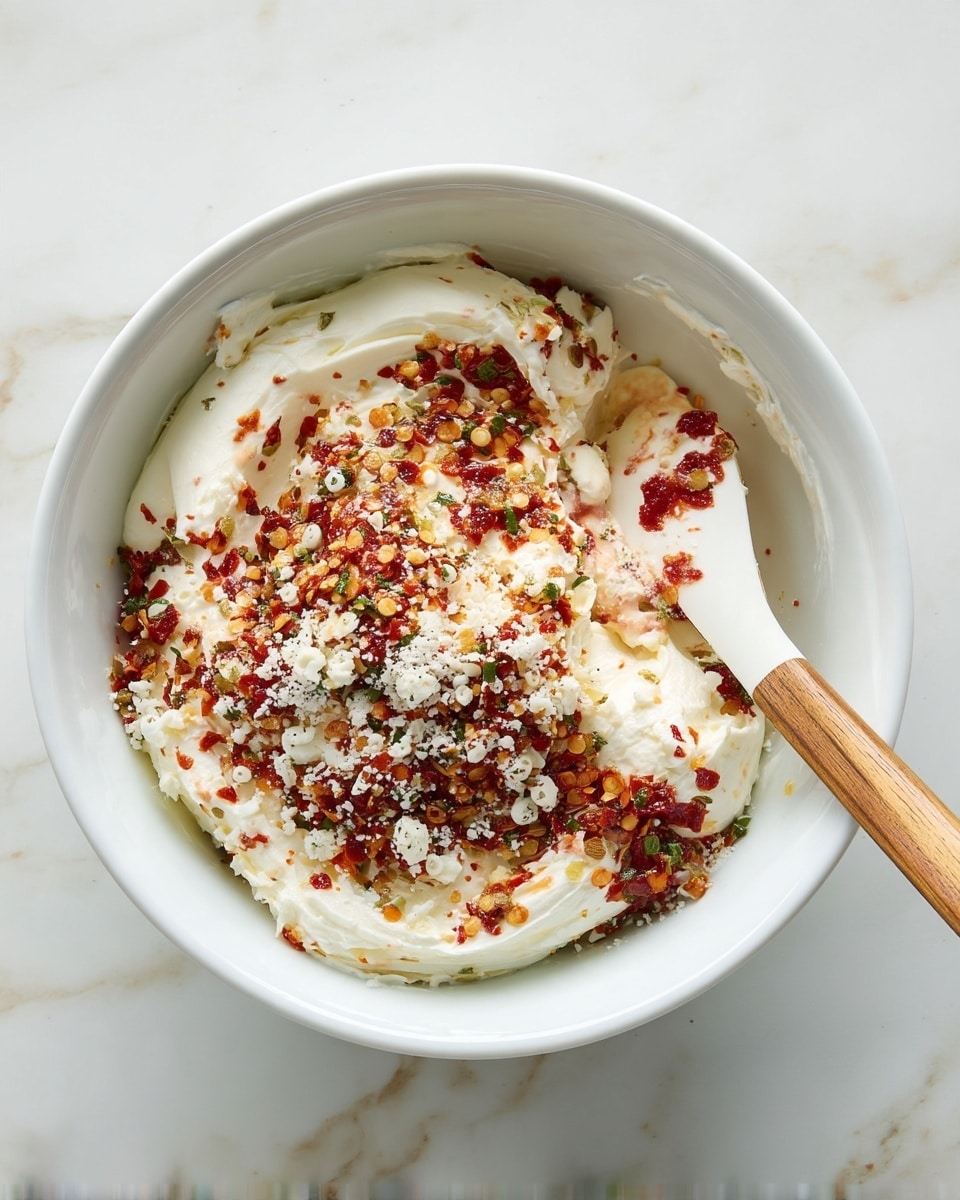 A white bowl on a white marbled surface holds a mixture of ingredients layered together. The bottom layer consists of smooth, creamy white cream cheese. On top, there is a sprinkling of finely grated white cheese that adds a fluffy texture. Over the cheese, there is a spread of red chili flakes mixed with herbs and oil, creating a colorful, textured layer with red and green specks. A white spatula with a wooden handle is resting inside the bowl, partially covered with the mixture. Photo taken with an iphone --ar 4:5 --v 7