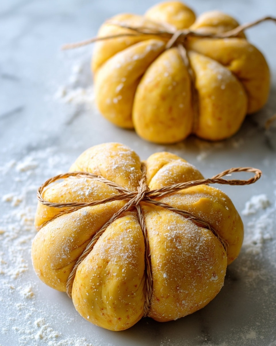 Two small pumpkin-shaped dough bundles sit on a white marbled surface lightly dusted with flour. Each dough pumpkin is sectioned into eight rounded segments tied together with brown twine wrapped snugly around the middle, creating the classic pumpkin shape. The dough is a warm golden yellow color with a textured, slightly flour-dusted surface. One pumpkin is centered in the lower half of the image, while part of the second one appears in the top right corner. The lighting is soft and natural, highlighting the dough's subtle bumps and folds photo taken with an iphone --ar 4:5 --v 7