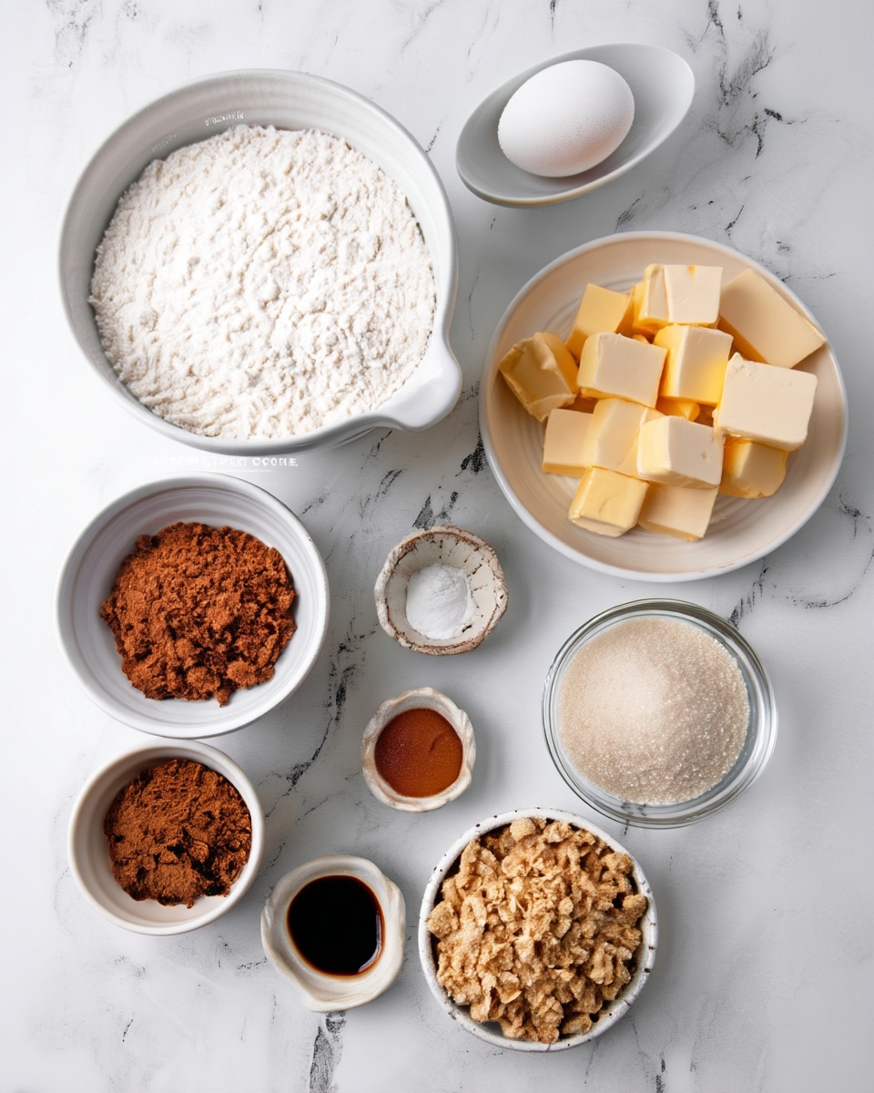The image shows eight bowls and plates arranged on a white marbled surface. The largest bowl, white and round with a spout, is filled with white flour. Next to it is a small white oval plate holding one white egg. A white round plate holds yellow butter cut into cubes. Below these are four smaller bowls: one with light brown sugar, one with dark brown sugar, one with a small amount of white salt, and one with cinnamon powder. There is also a glass bowl filled with white sugar and another bowl with brown crumbly oats. The arrangement is neat, and the scene is well-lit. Photo taken with an iphone --ar 4:5 --v 7
