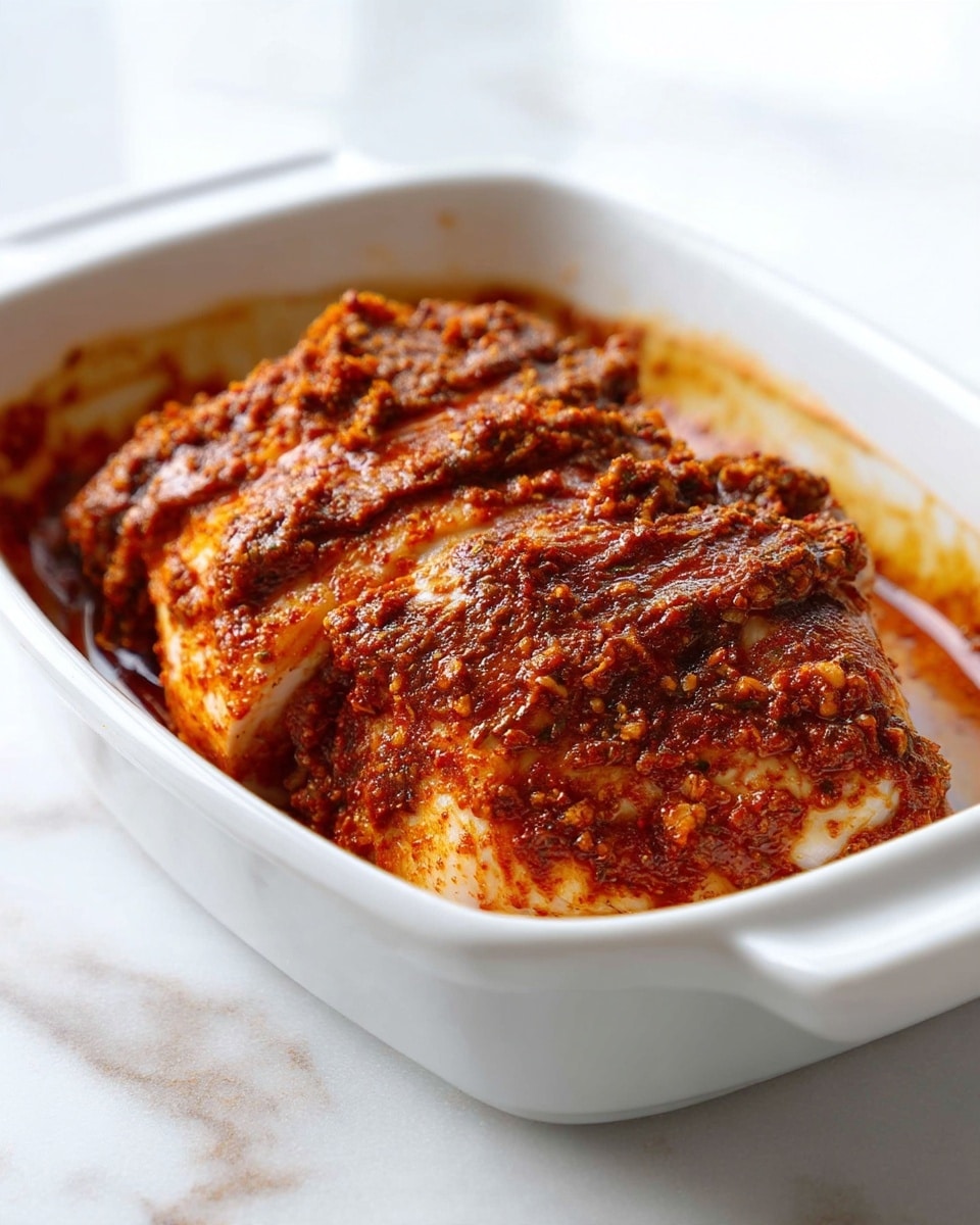 The image shows a white glass dish on a white marbled surface with a piece of raw meat inside, covered unevenly with a thick, reddish-brown spicy paste. The paste has a grainy texture and is spread roughly across the top of the meat with some areas more coated than others. The edges of the dish and some of the surface nearby have small smears of the paste, adding to the rustic look. The lighting is soft and natural, showing the detail of the paste and meat clearly. photo taken with an iphone --ar 4:5 --v 7