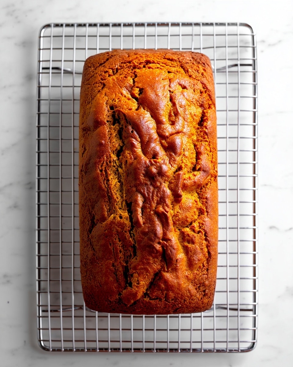 A single loaf of brown bread with a rough, cracked top crust sits centered on a silver cooling rack. The loaf is rectangular and has a deep golden-brown color with uneven texture on the top, showing natural cracks and slight rise marks. The cooling rack is placed on a white marbled surface, which provides a clean and bright contrast to the warm color of the bread. The image is taken from above, showing the full length and width of the loaf and rack. photo taken with an iphone --ar 4:5 --v 7