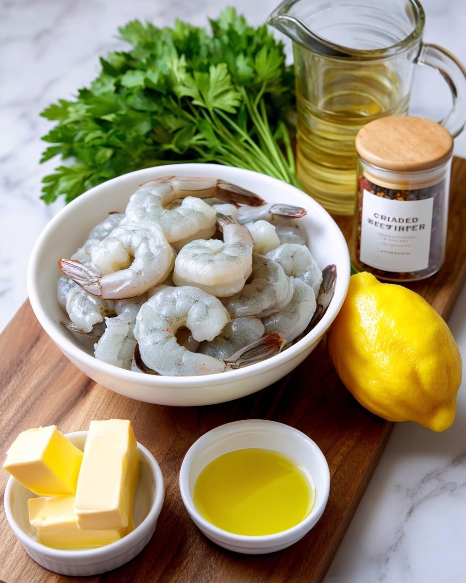 A white bowl filled with raw shrimp that are grayish with a slight shine and have tails attached is placed on a wooden surface. To the right of the bowl, there is a bunch of green parsley, a bright yellow lemon, a clear glass pitcher with light yellow liquid, three garlic cloves, and a small jar labeled