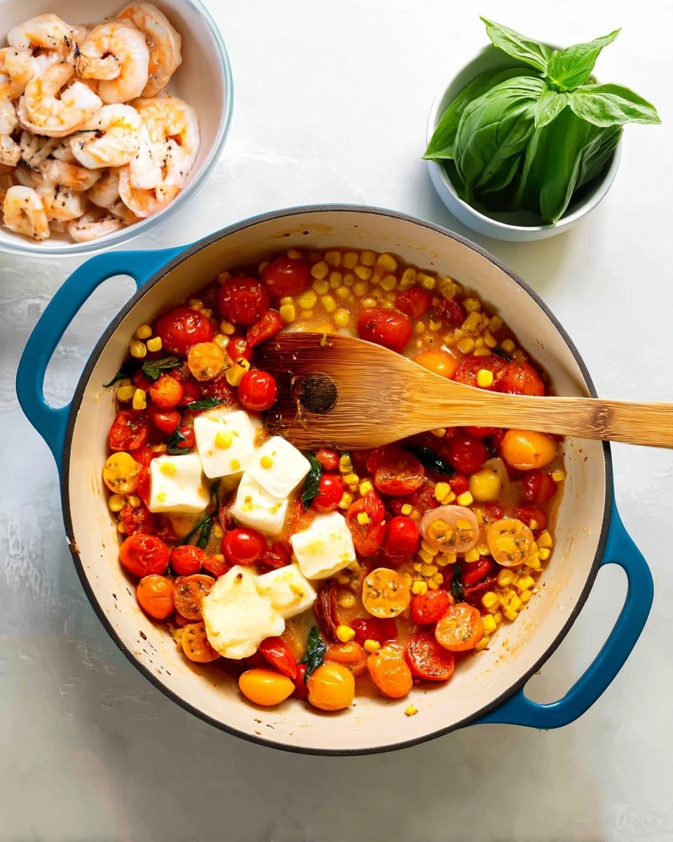 A white pot with blue handles is filled with vibrant cooked corn kernels mixed with halved red and yellow cherry tomatoes and small shrimp. On top, there are two large white cubes, likely butter, slowly melting into the colorful mixture. A wooden spoon rests inside the pot, placed diagonally from right to left, partially stirring the contents. The pot sits on a white marbled surface. In the top left corner, a white bowl contains cooked shrimp, and in the top right, a small white bowl holds fresh green basil leaves. Photo taken with an iphone --ar 4:5 --v 7