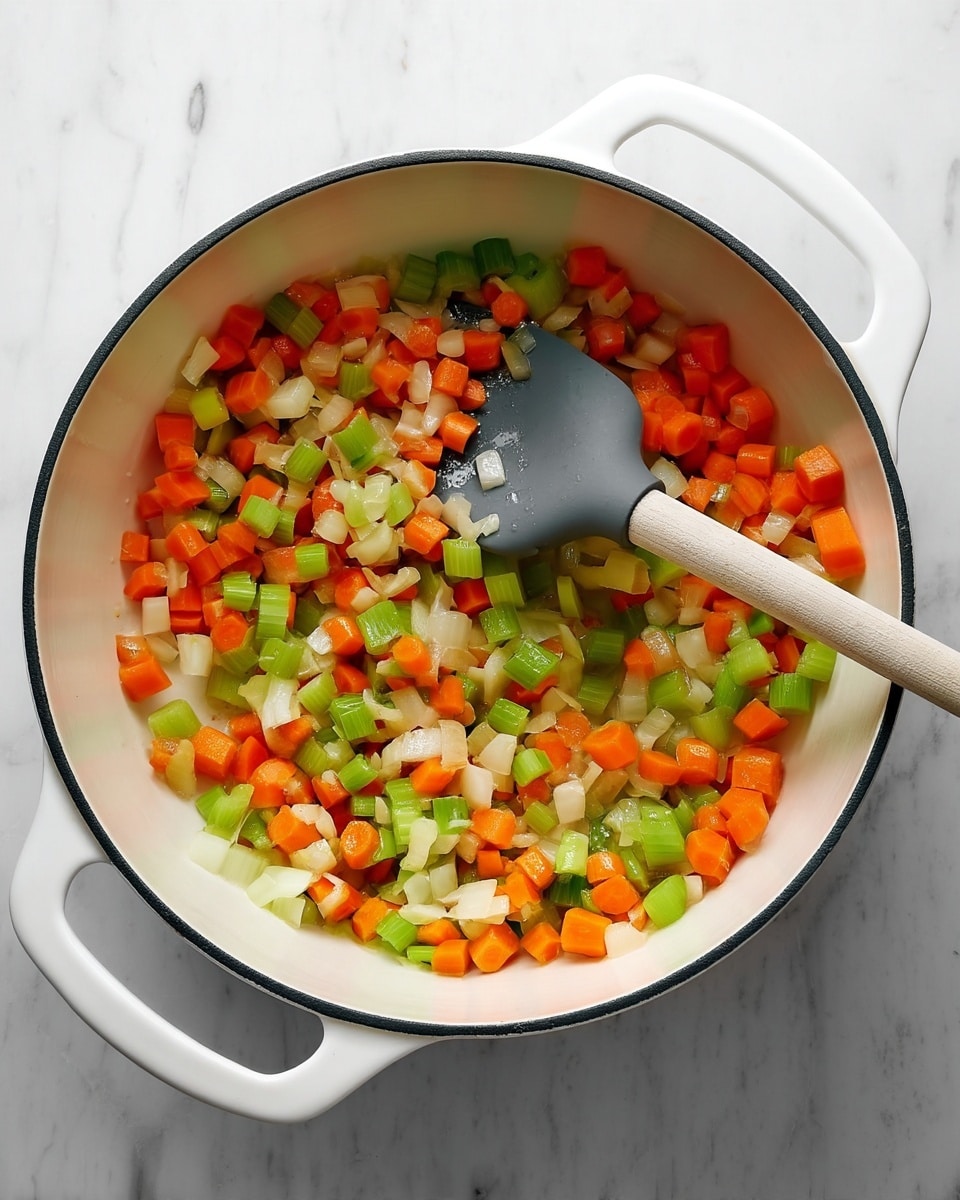 A white pot with two handles is filled with a mix of small, evenly chopped vegetables. The vegetables include bright orange carrots, light green celery, and white onions, all stirred by a spatula with a grey silicone head and a light wooden handle resting inside the pot. The pot sits on a white marbled surface. The overall look is fresh and colorful, with the vegetables creating a vibrant and healthy base. photo taken with an iphone --ar 4:5 --v 7