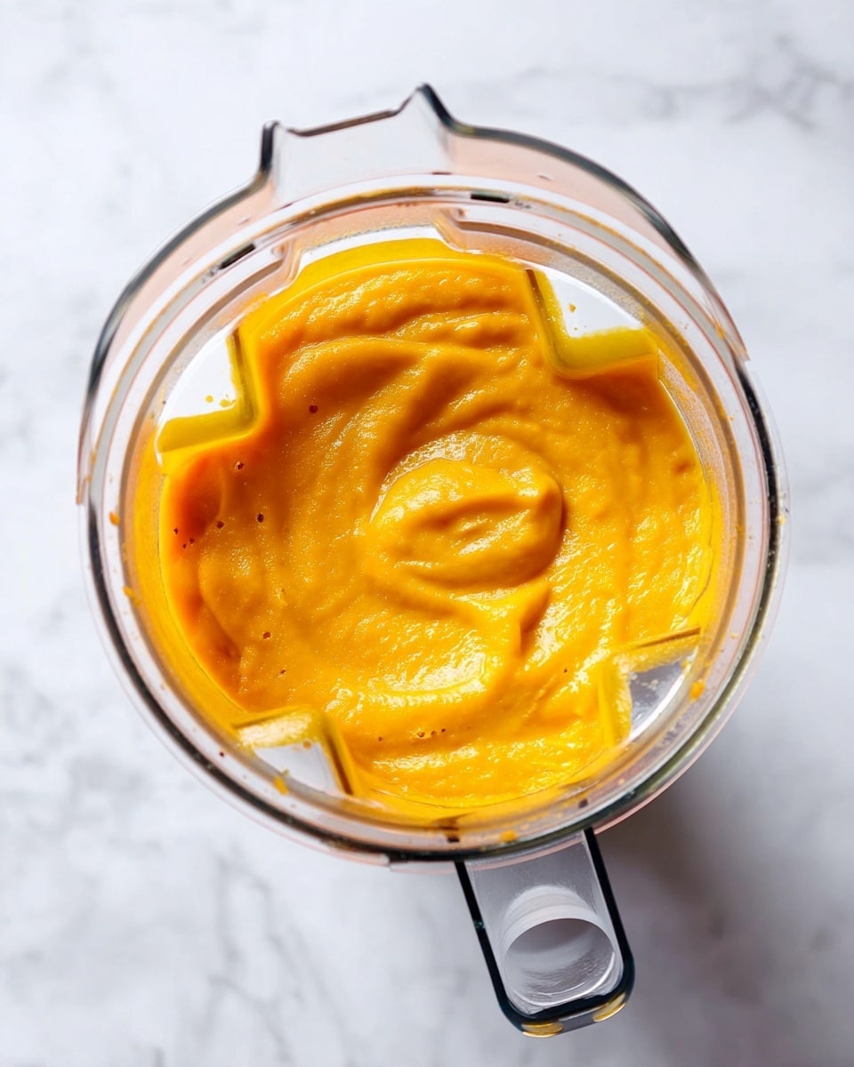 The image shows a top view of a clear blender container filled with smooth, thick, bright orange puree. The puree covers the bottom and has a creamy texture with gentle swirls on the surface, showing it has been freshly blended. The clear plastic and the handle of the blender are visible against a white marbled background. photo taken with an iphone --ar 4:5 --v 7