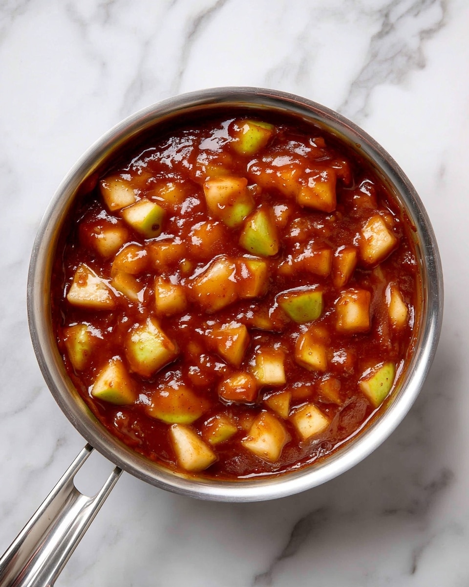 A top view of a stainless steel saucepan filled with a thick reddish-brown sauce mixed with small, light yellow and green apple pieces. The sauce looks smooth and rich, coating the apple chunks evenly. The saucepan handle extends downward, resting on a white marbled surface. photo taken with an iphone --ar 4:5 --v 7