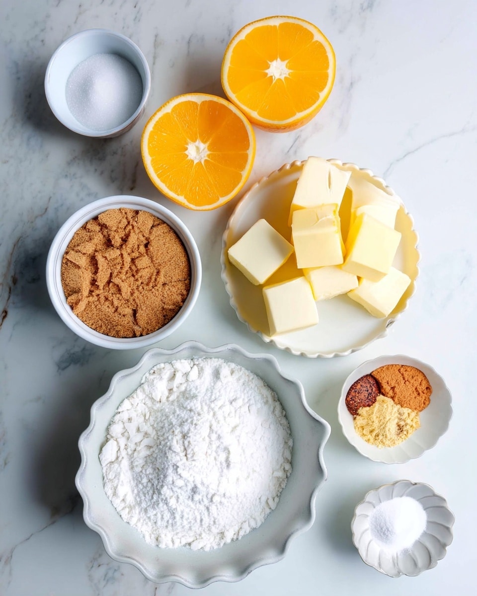 The image shows a top view of baking ingredients arranged on a white marbled surface. There are seven containers: a large white scalloped bowl filled with white flour at the bottom left, a smaller white bowl of light brown sugar to the upper left, and a small white dish with white salt near the top center. Two halves of a bright orange are centered near the top. To the right of the orange halves is a white round plate holding nine cubes of pale yellow butter. Below the butter plate, there is a small white bowl with spots of four spices - dark brown, light brown, and yellow powders. At the bottom right, another small white dish contains a white powder, likely baking soda or baking powder. photo taken with an iphone --ar 4:5 --v 7