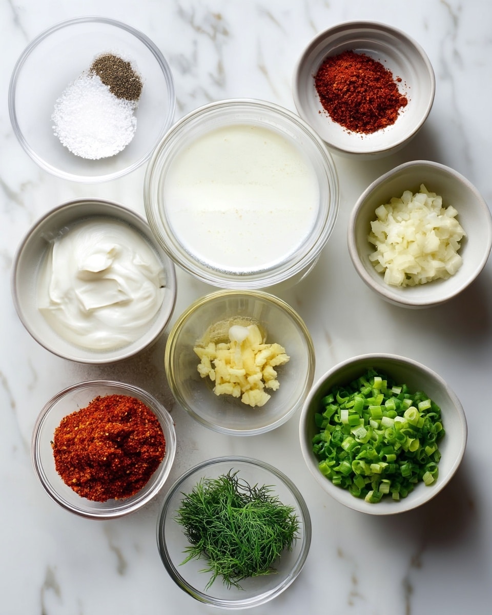 The image shows nine small white and clear glass bowls arranged on a white marbled surface. In the center is a large clear bowl filled with a smooth white liquid. Around it, starting from the top left, a clear bowl holds coarse salt and black pepper; a smaller clear bowl contains ground cumin; a small white bowl has bright red chili powder; a larger white bowl shows thick, creamy white yogurt; a clear bowl contains pale diced garlic; another clear bowl is filled with clear lemon juice; a white bowl holds a light yellow, creamy substance resembling mayonnaise; a white bowl has fresh, chopped green dill; and finally, a clear bowl contains chopped green onions. The colors range from white and cream to bright green and red, with varied smooth and textured surfaces. photo taken with an iphone --ar 4:5 --v 7