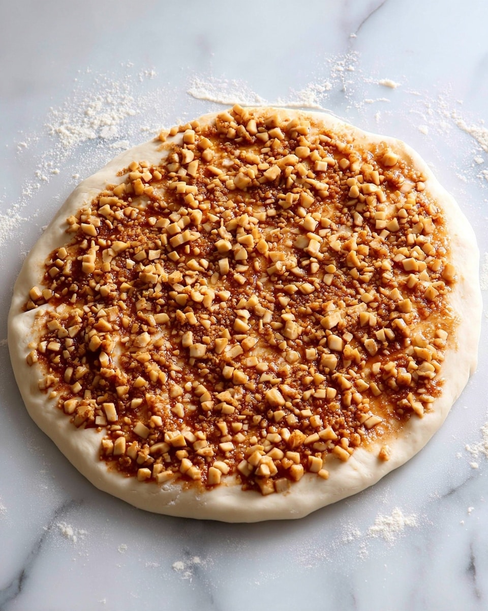 A large, flat, circular dough on a white marbled surface, covered with a thick, even layer of small, diced light brown pieces mixed with cinnamon, spreading from one edge almost to the other, with some uneven edges of the dough showing around. A woman's hand is gently placing or adjusting the dough at the edge. The dough has a smooth, pale off-white color with a slightly uneven thickness, and the diced pieces create a rough, textured layer on top. The white marbled surface is dusted with flour around the dough edges. photo taken with an iphone --ar 4:5 --v 7