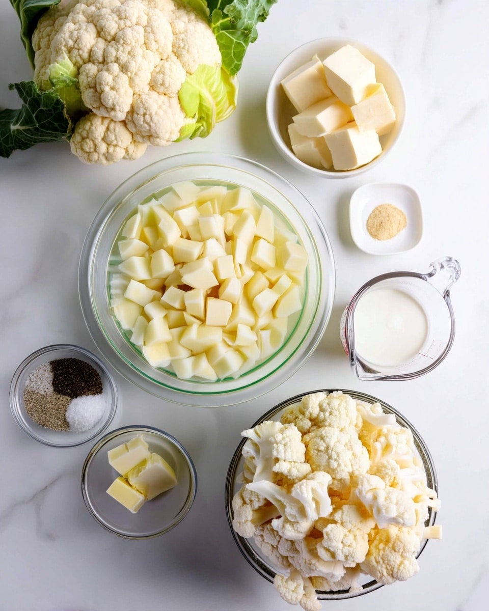 A clear glass bowl filled with small, pale yellow potato cubes sits in the center, surrounded by smaller white bowls containing light yellow butter cubes, and small amounts of black pepper, granulated seasoning, and salt. Next to these bowls is a small clear measuring cup with white milk. A larger white bowl at the bottom right holds white cauliflower florets with a slightly creamy texture. At the top left corner, a large cauliflower head with green leaves is partially visible. The items are all placed on a white marbled surface. Photo taken with an iphone --ar 4:5 --v 7