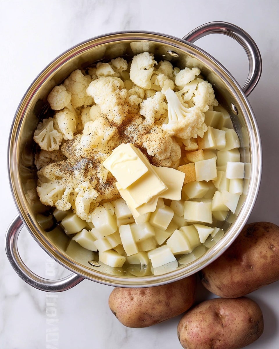 A shiny stainless steel pot filled with roughly chopped pale yellow cauliflower florets on one side, and creamy white potato cubes on the other. On top of the vegetables are three small slabs of pale yellow butter and a generous sprinkle of black pepper. Outside the pot, two whole brown potatoes rest on a white marbled surface. The photo is taken from above, showing the pot handles at the sides. photo taken with an iphone --ar 4:5 --v 7