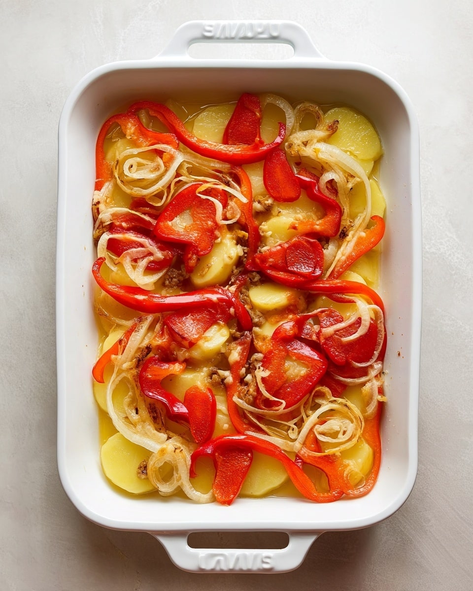 A white rectangular baking dish with two handles sits on a white marbled surface. Inside, the bottom layer consists of pale yellow sliced potatoes evenly spread. On top of this is a layer of thin, soft, and slightly browned light golden rings of cooked onions, mixed with bright red, thinly sliced strips of cooked red bell peppers. The vegetables have a slightly shiny texture, showing a bit of oil or moisture. The photo taken with an iphone --ar 4:5 --v 7