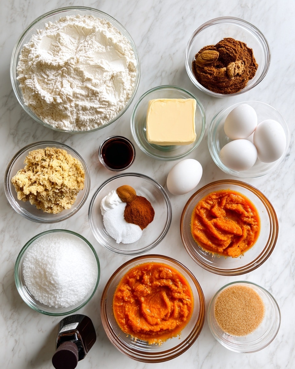 The image shows ten clear glass bowls arranged on a white marbled surface, each containing different baking ingredients for a recipe. Starting from the top center and moving clockwise, there is a large bowl filled with white flour, a smaller bowl with a solid block of pale yellow butter, a bowl with brown spices including cinnamon, a bowl filled with orange pumpkin puree, a bowl of light brown packed brown sugar, a bowl of pale cream-colored liquid, two white eggs placed next to each other, a small bowl holding white baking soda and orange spice, a bowl of white granulated sugar, and a bowl of light brown sugar. Additionally, there is a small bottle with dark liquid near the bottom left. photo taken with an iphone --ar 4:5 --v 7