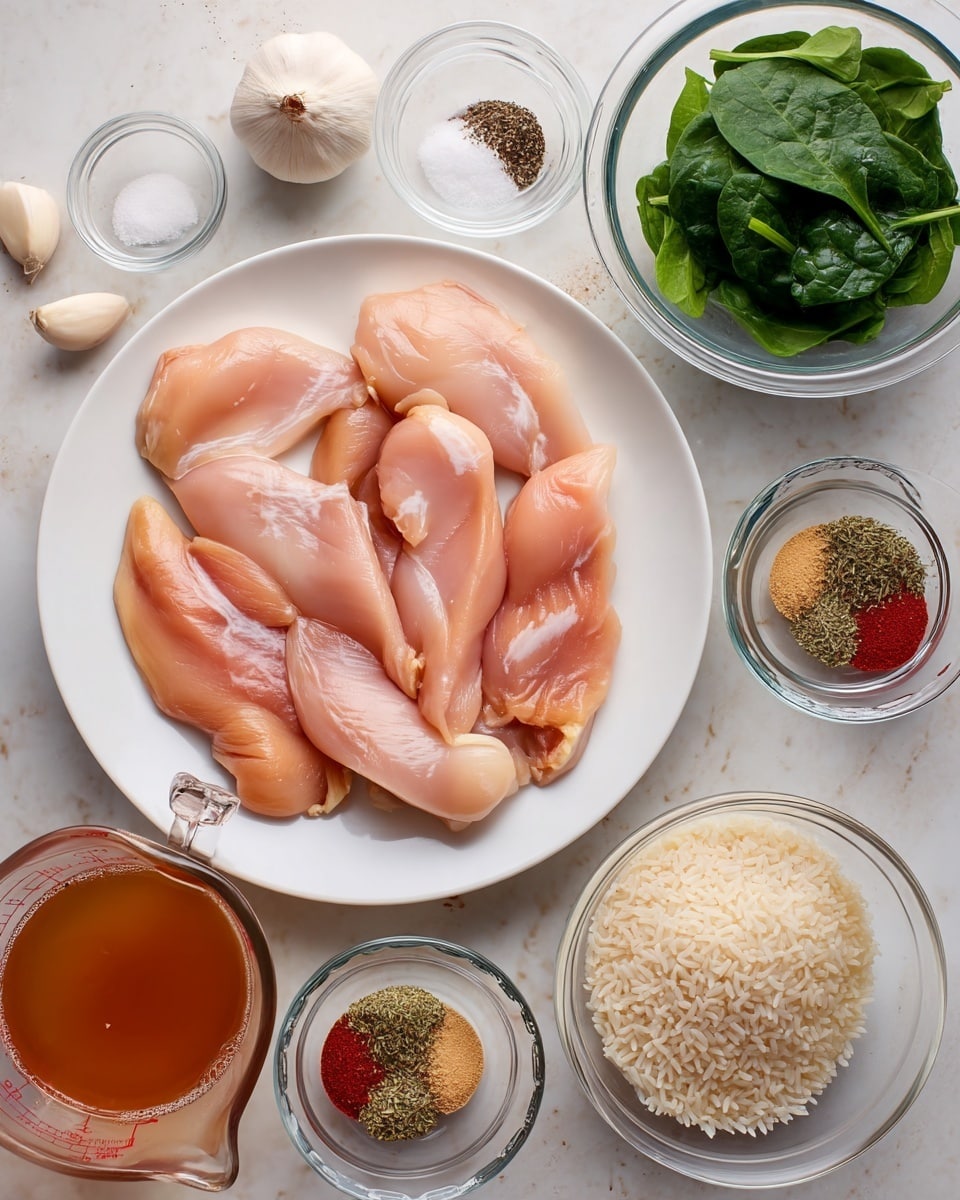 A white plate holds seven raw chicken fillets arranged in a slightly overlapping circle, showing smooth, light pink flesh with some sheen. Around the plate, various clear glass bowls and a measuring jug are set on a white marbled surface. The bowls contain fresh dark green spinach leaves, dry white rice, assorted spices in a mix of red, green, and beige powder, a small chunk of pale yellow butter, and a mix of salt and black pepper. A measuring jug filled with a light brown liquid, possibly broth, is on the lower left side of the arrangement. At the top left, two garlic cloves rest on the surface near the spice bowl. photo taken with an iphone --ar 4:5 --v 7