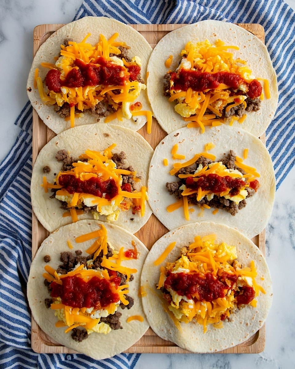 Six white flour tortillas are laid flat on a light wooden board over a white marbled surface with a blue-striped cloth nearby. Each tortilla has a layered filling placed across the center: the bottom layer is crumbled cooked ground meat in brown, followed by scrambled eggs in a pale yellow color, then topped with shredded bright orange cheddar cheese, and finished with a strip of chunky red salsa. Small bits of filling have spilled slightly onto the tortillas. The photo taken with an iphone --ar 4:5 --v 7