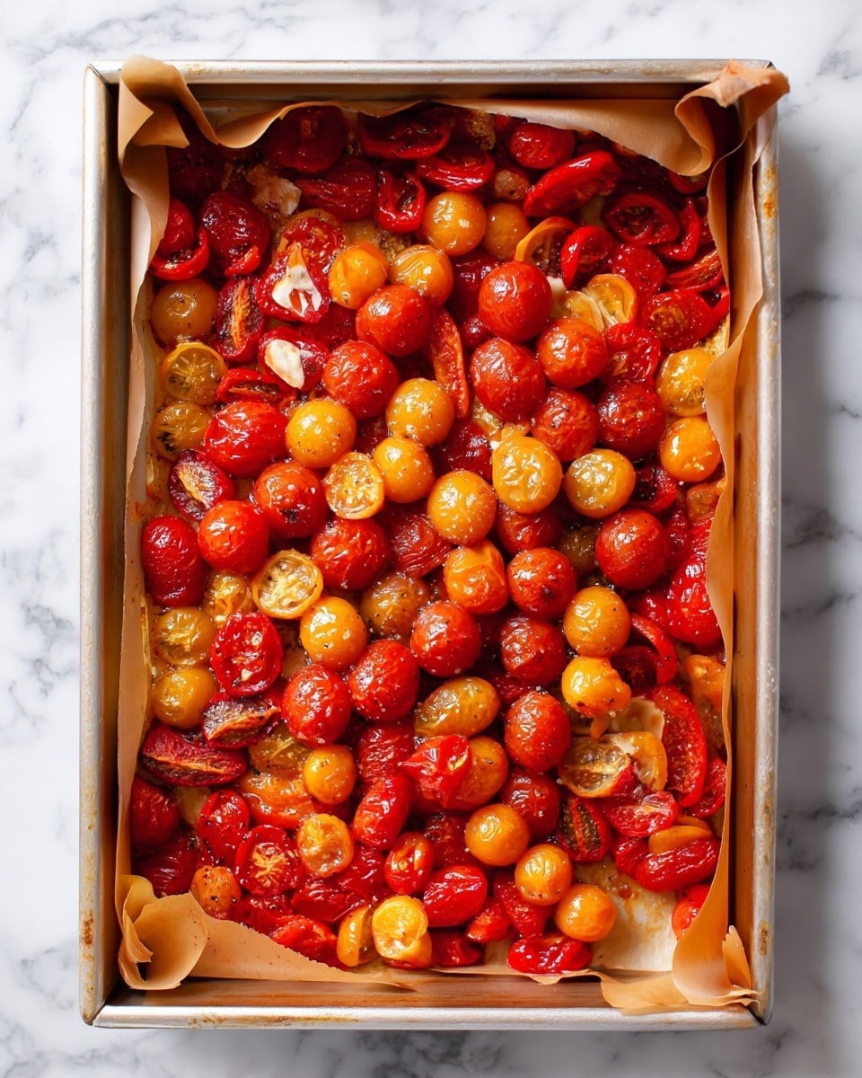 A rectangular white baking tray lined with brown parchment paper holds a single layer of roasted red and yellow cherry tomatoes. The tomatoes are soft and shiny, some slightly wrinkled with caramelized spots, creating a mix of bright red and golden yellow tones. The surface of the tomatoes looks juicy and slightly oily, spread evenly across the tray. The background is a white marbled texture. photo taken with an iphone --ar 4:5 --v 7