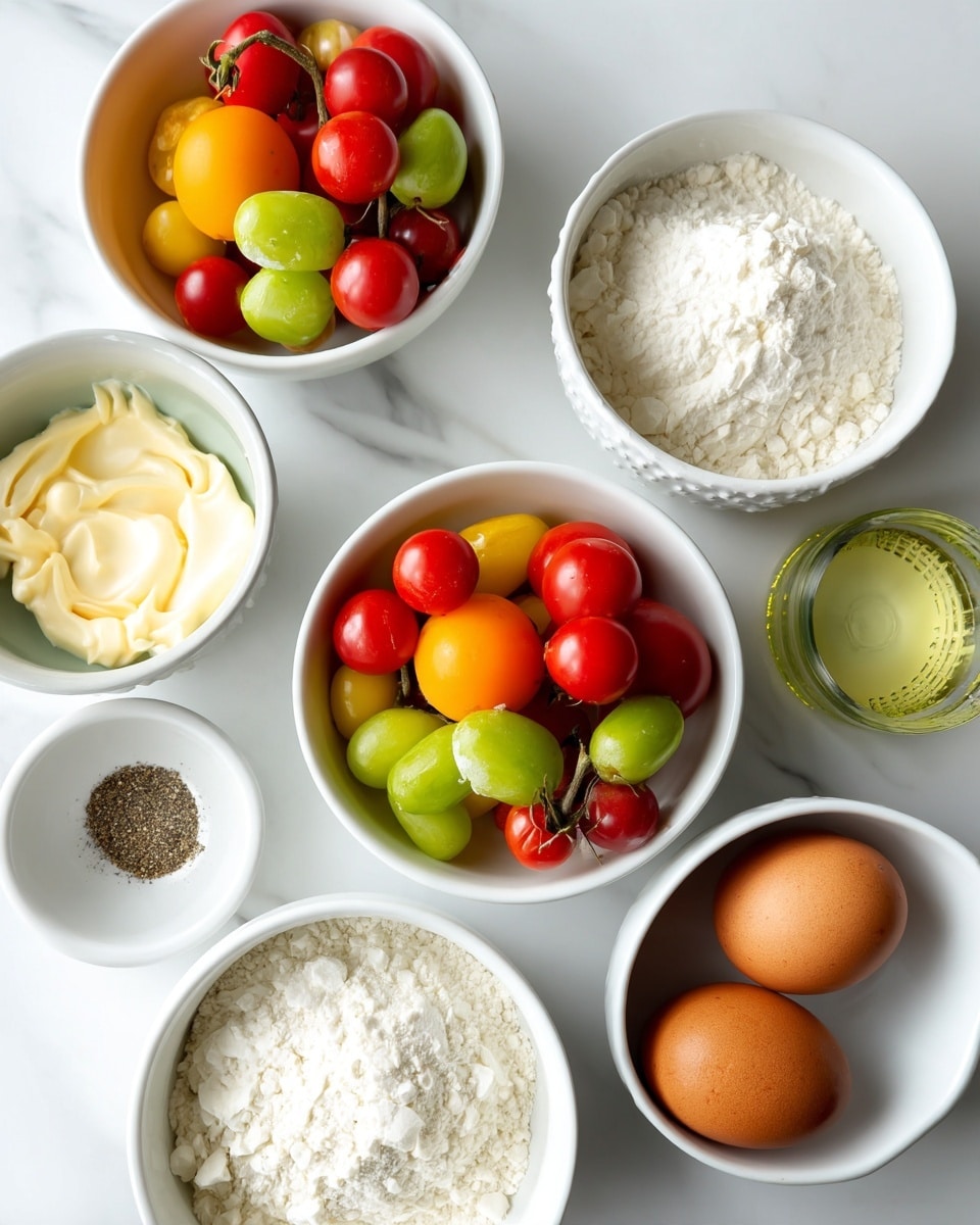 The image shows several small white bowls arranged on a white marbled surface, each filled with different ingredients. There is one bowl filled with a mix of red and yellow cherry tomatoes along with some green grapes in the center. Surrounding this bowl, there is a white bowl with a heap of flour, another with a smooth dollop of pale yellow butter, a small bowl with black pepper, a bowl with some white powder that looks like flour or sugar, and two brown eggs placed side by side in a patterned white bowl. A glass holds a clear, light-colored liquid, possibly oil or water. A white tray with slices of bacon is visible in the corner. The scene is clean and bright, giving a fresh and ready-to-cook feel. photo taken with an iphone --ar 4:5 --v 7