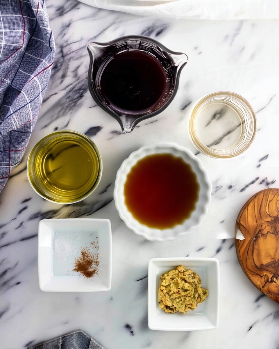 The image shows six small containers arranged on a white marbled surface. At the top center is a clear glass measuring cup filled with a thick, dark brown liquid. To the left of it is a small clear glass cup with light yellow oil. To the right is a small clear glass cup with a clear liquid. Below the measuring cup, slightly center, is a round white bowl with a scalloped edge holding a medium brown liquid. On the bottom left is a small white square dish with a mix of white salt and a bit of light brown powder. On the bottom right is another small white square dish filled with a coarse textured dollop of grainy mustard. A small round wooden board is partially visible at the right edge, along with parts of blue and gray cloths at the left sides. photo taken with an iphone --ar 4:5 --v 7