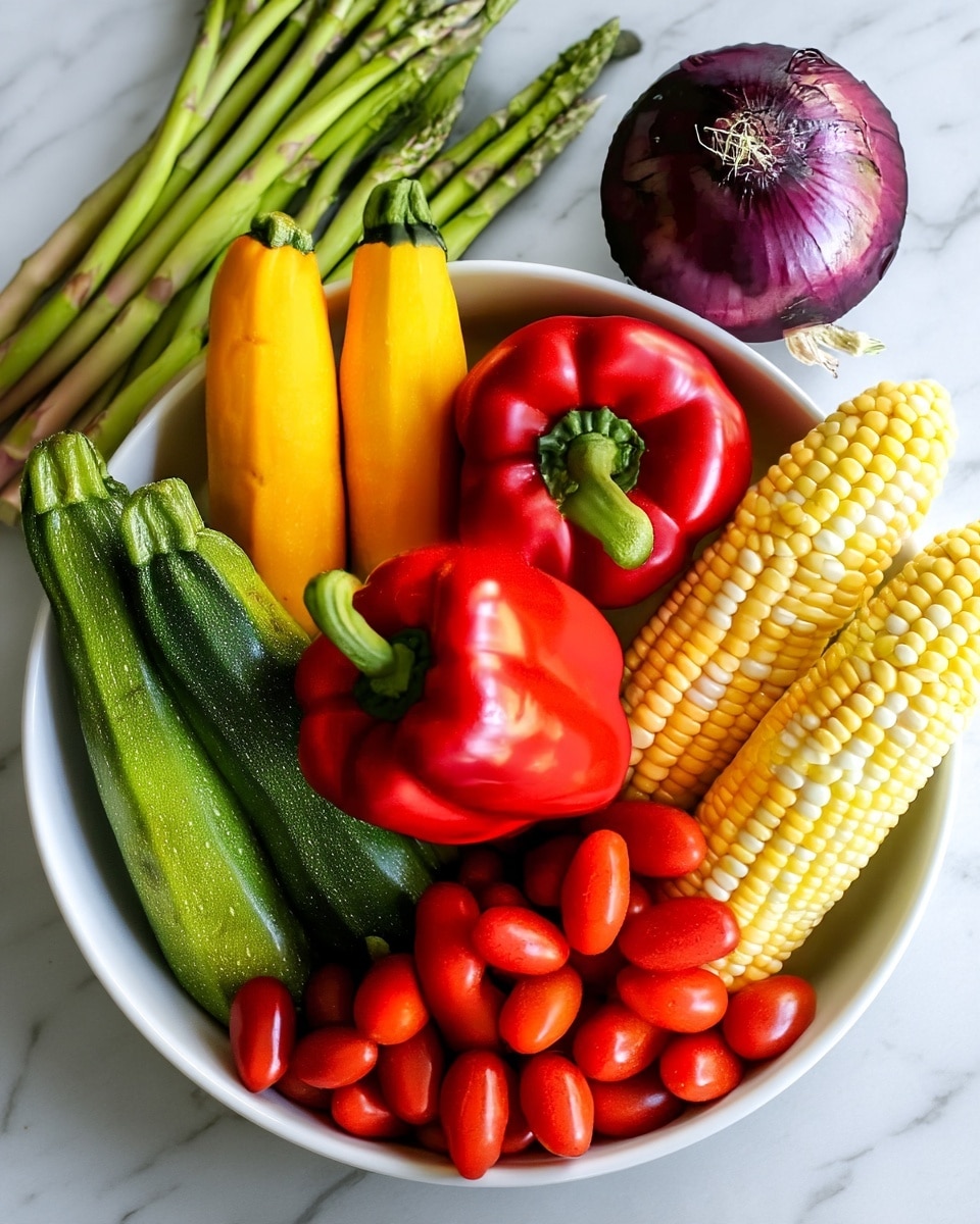 A white bowl holds a colorful mix of fresh vegetables arranged neatly in layers. The bottom layer shows green zucchinis and yellow summer squashes standing vertically on the left side, with a bunch of red grape tomatoes clustered at the bottom right. Two bright red bell peppers sit near the center, their green stems facing up. To the right, two ears of yellow corn with pale kernels lean against the peppers. Behind the bowl, fresh green asparagus spears are laid out horizontally, and a single large purple onion is placed on the white marbled surface in the top right corner. The colors are vibrant and the textures range from smooth and shiny to slightly rough. photo taken with an iphone --ar 4:5 --v 7