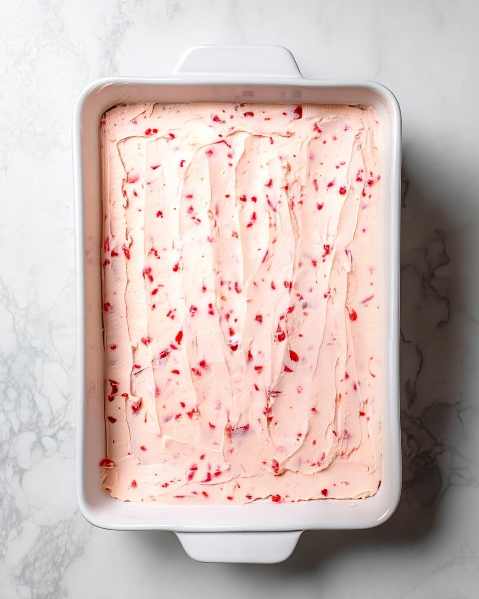 A white rectangular baking dish filled with a single smooth layer of pale pink cream speckled with small red bits evenly spread throughout. The cream has a soft and slightly textured surface with gentle lines from spreading, all resting on a white marbled surface. photo taken with an iphone --ar 4:5 --v 7