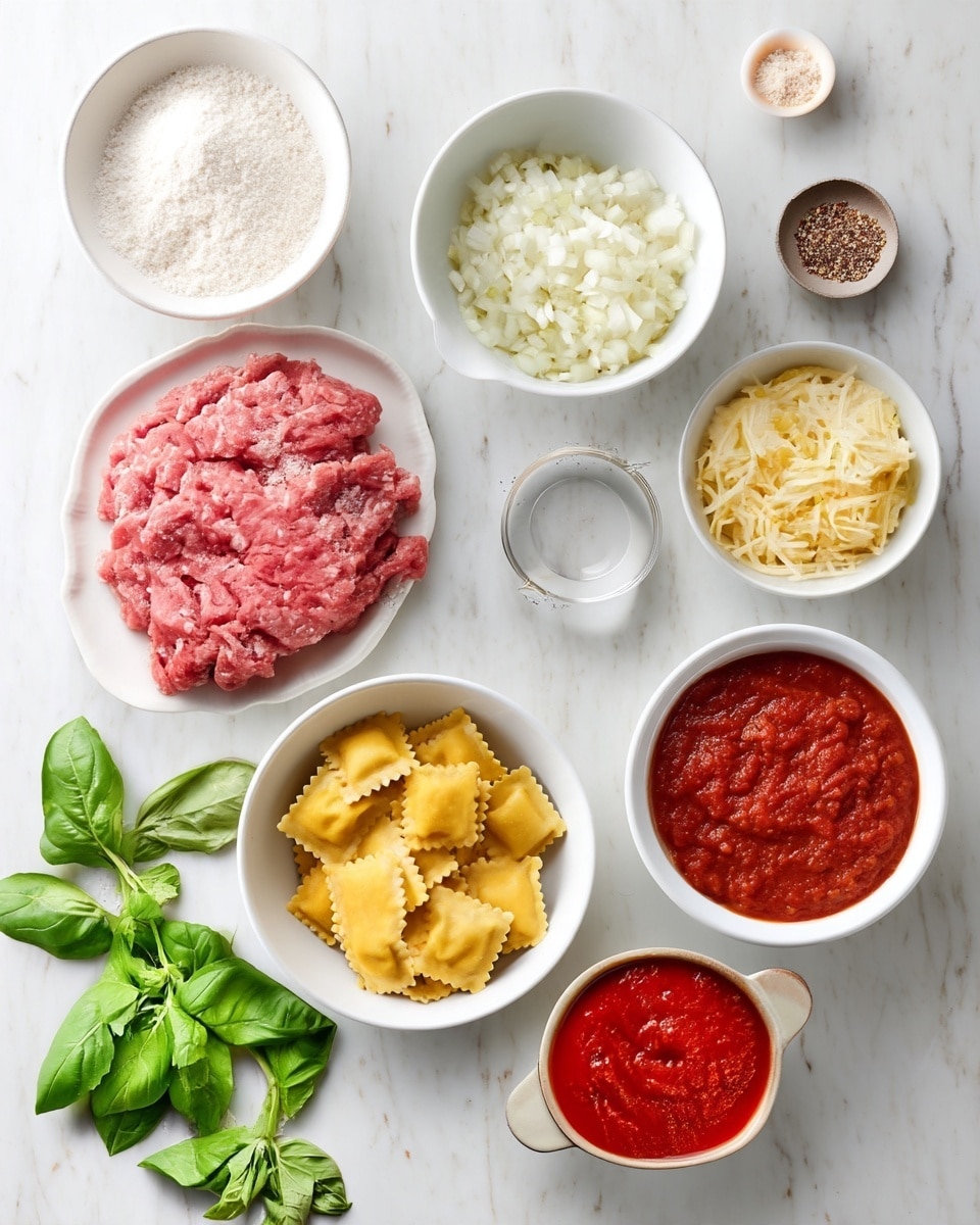 The image shows a white marbled surface with several small white bowls and plates arranged neatly holding different ingredients. At the top left, a small white bowl holds a white powder, next to it a bowl contains a finely chopped light beige ingredient, and next to that is another bowl holding finely chopped white onions. Centered in the image is a white plate with raw pink ground meat. Below the meat plate, there is a white bowl filled with yellow ravioli pasta with square edges. To the right of the pasta bowl, a small white bowl contains finely shredded pale yellow cheese. Near the bottom right corner is a white bowl filled with thick red tomato sauce. Fresh green basil leaves are spread across the lower left corner of the image. Everything is laid out neatly on the white marbled surface. Photo taken with an iphone --ar 4:5 --v 7